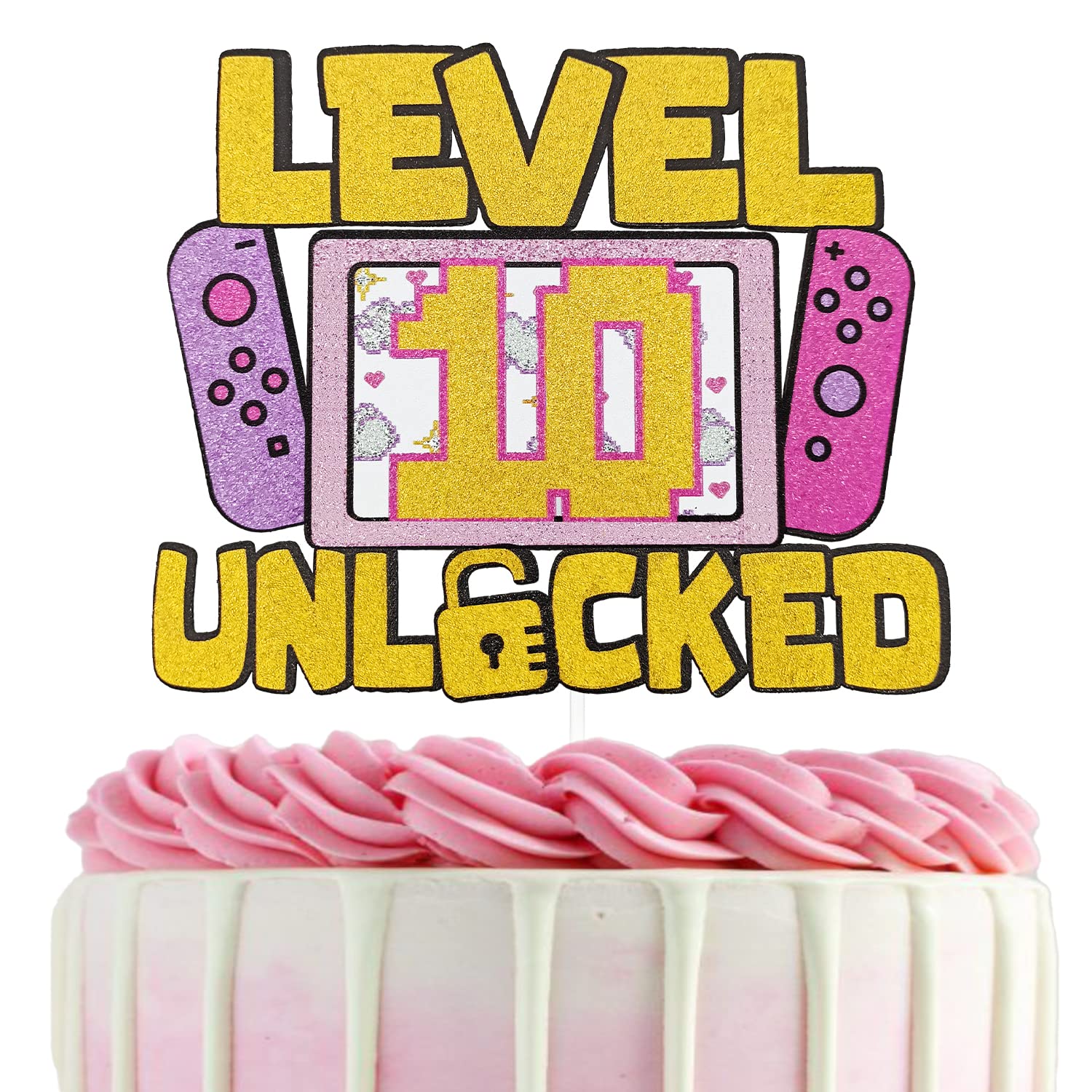 Level 10 Unlocked Glitter Cake Topper for Girls - Video Game Themed 10th Birthday Party Decoration - Perfect for Girl Gamer Celebrations, Gaming Parties & Cake Decorations