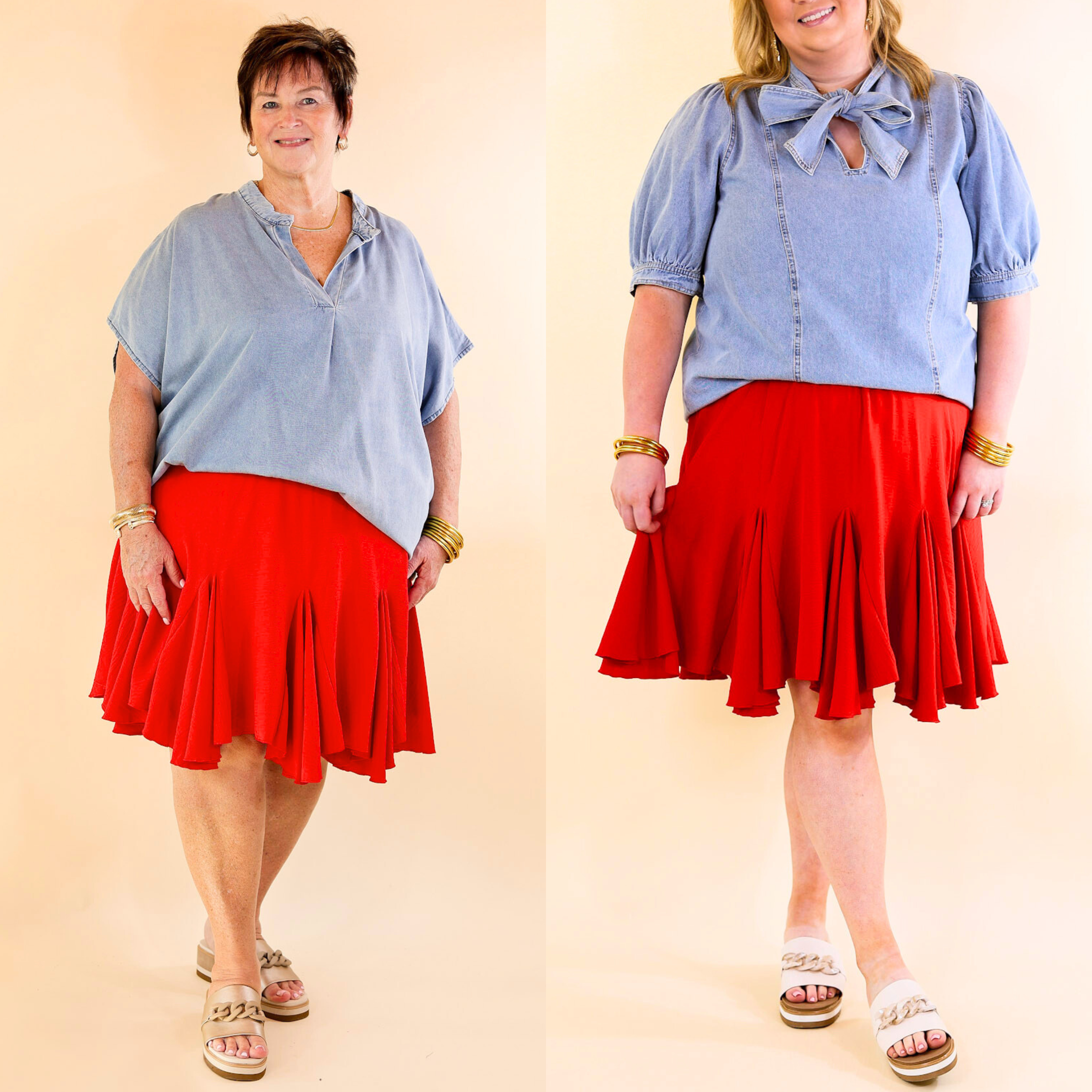 Red Ruffle Mini Skirt for Women - Flowy A-Line Summer Skirt with Adjustable Waistband | Perfect for Casual Outings, Beach Vacations & Date Nights