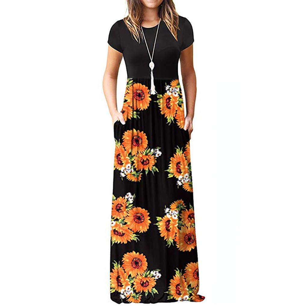 Women's Maxi Dresses Long Sleeve Loose Plain Empire Waist Casual Long Dress with Pockets - AODONG Flowy Summer Beach Dresses for Outdoor Parties & Vacations