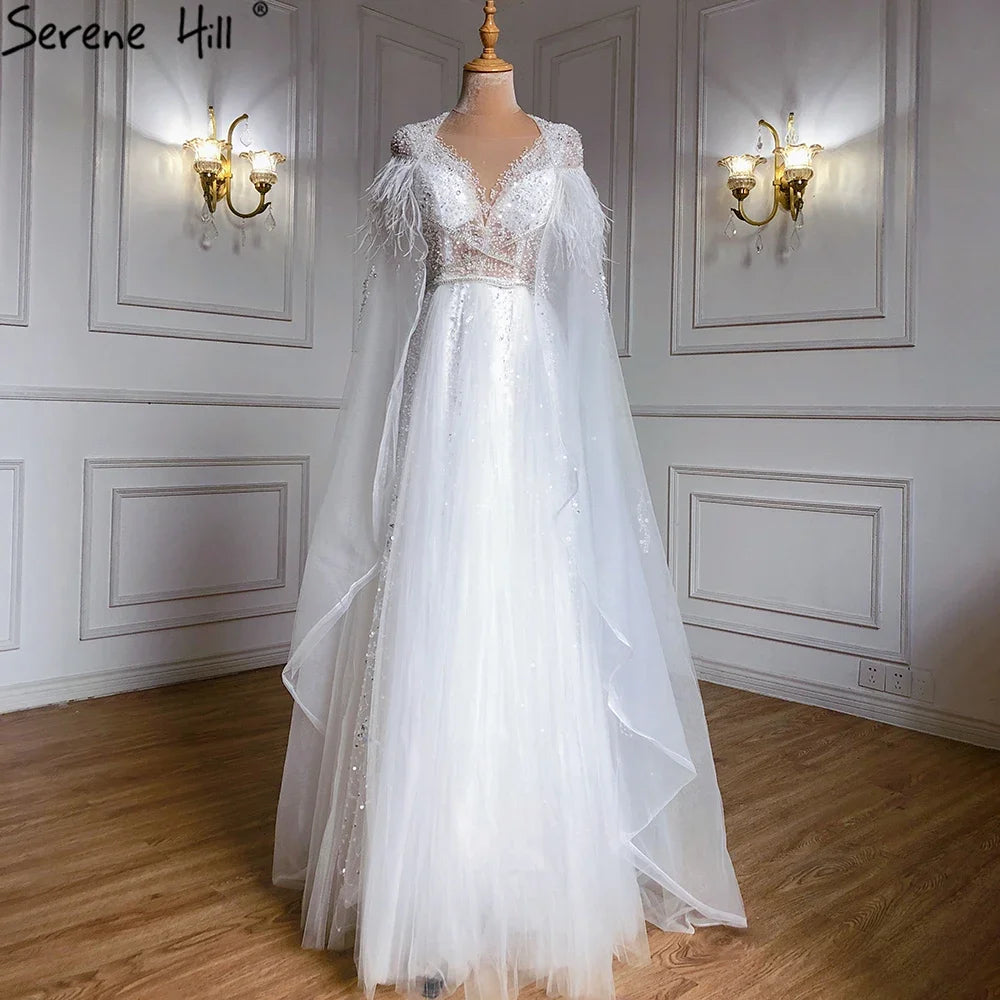 Luxury Dubai Grey Evening Formal Dress with Feather Cape Shawl - Gold Arabic Women's Wedding Party Gown LA70640 | Elegant Long Gown for Special Occasions, Galas & Red Carpet Events