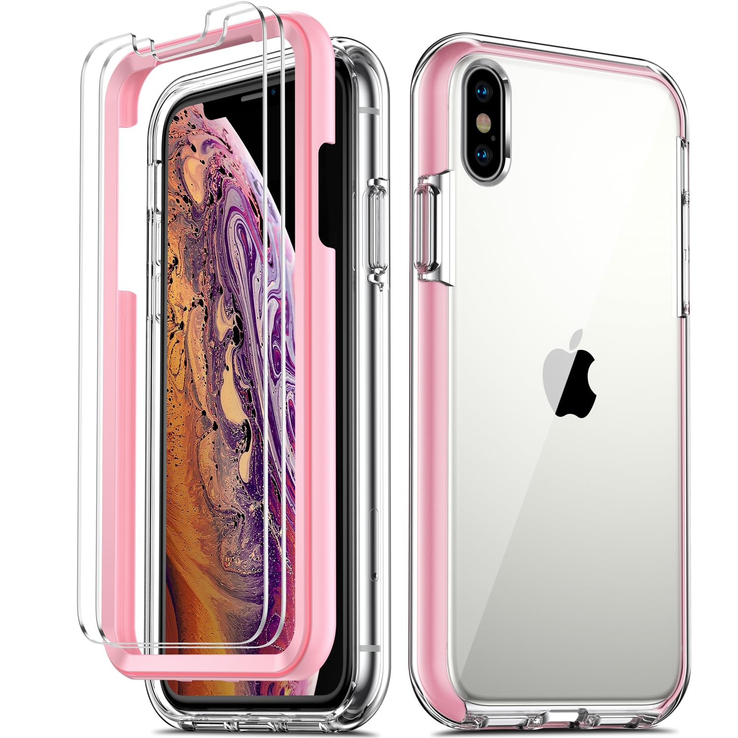 COOLQO iPhone Xs Max Case 6.5 Inch with 2 Tempered Glass Screen Protectors - Clear 360 Full Body Protection Shockproof Silicone Phone Cover (Pink) - Perfect for Everyday Use, Travel & Outdoor Activities