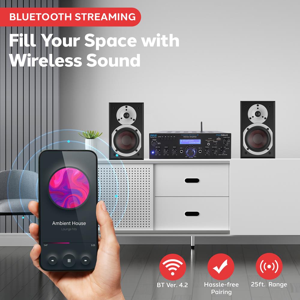 Wireless Bluetooth Stereo Amplifier Receiver for Home Audio - Stream Music from Phone, PC, TV | Perfect for Living Room, Bedroom, Party & Home Theater System