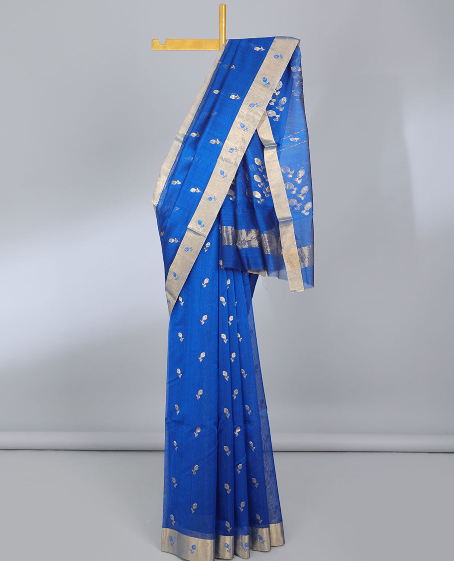 Blue Floral Butta Chanderi Cotton Saree with Floral Border & Pallu - Elegant Indian Traditional Wear for Weddings, Festivals & Special Occasions