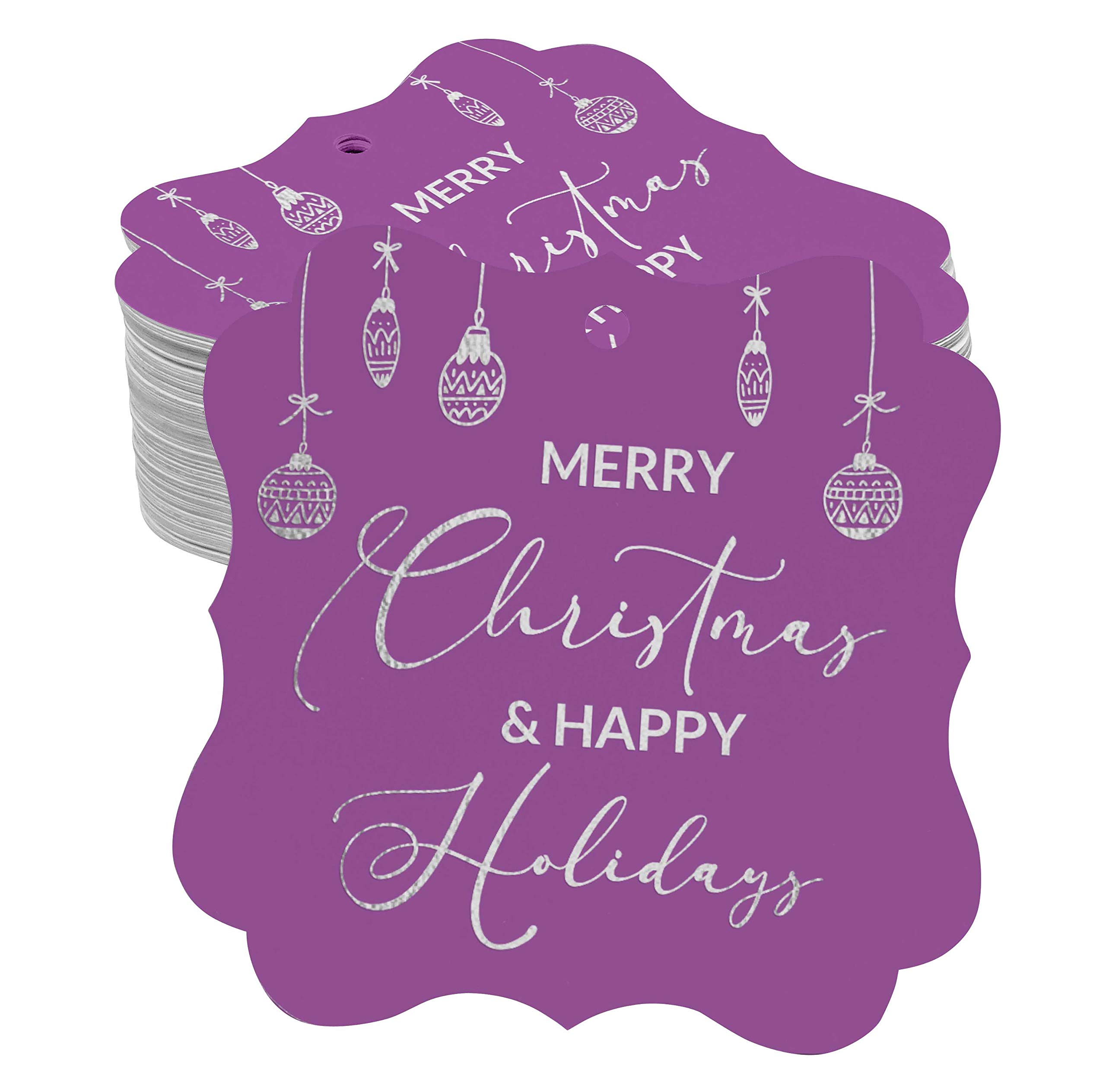 100 Pack Merry Christmas & Happy New Year DIY Craft Paper Tags - Bracket Shape Real Silver Foil Hang Tags for Gift Wrapping, Party Favors & Holiday Decorations