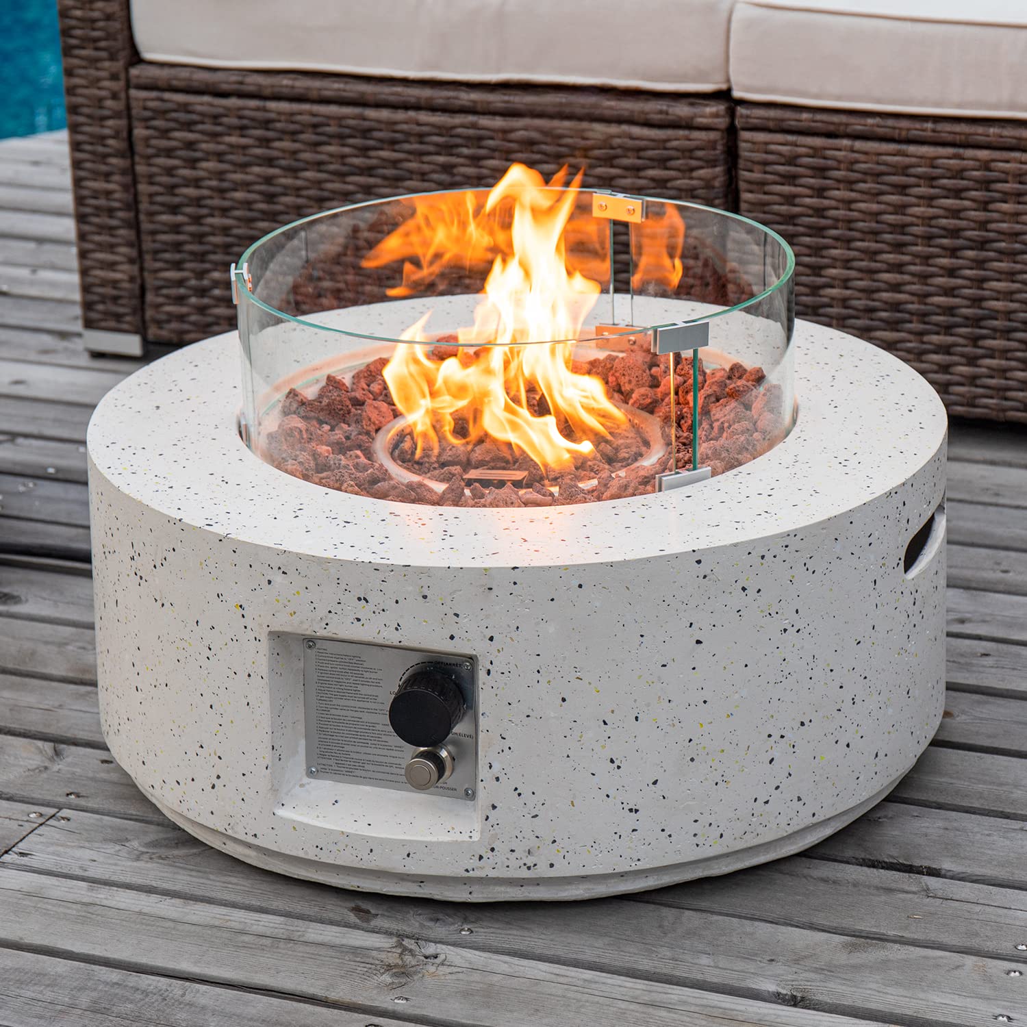 28-inch Outdoor Propane Fire Pit Coffee Table with Terrazzo Round Base - 40,000 BTU Stainless Steel Burner, Wind Guard & Free Lava Rocks - Waterproof Cover Included - Perfect for Patio, Backyard, and Camping Heating