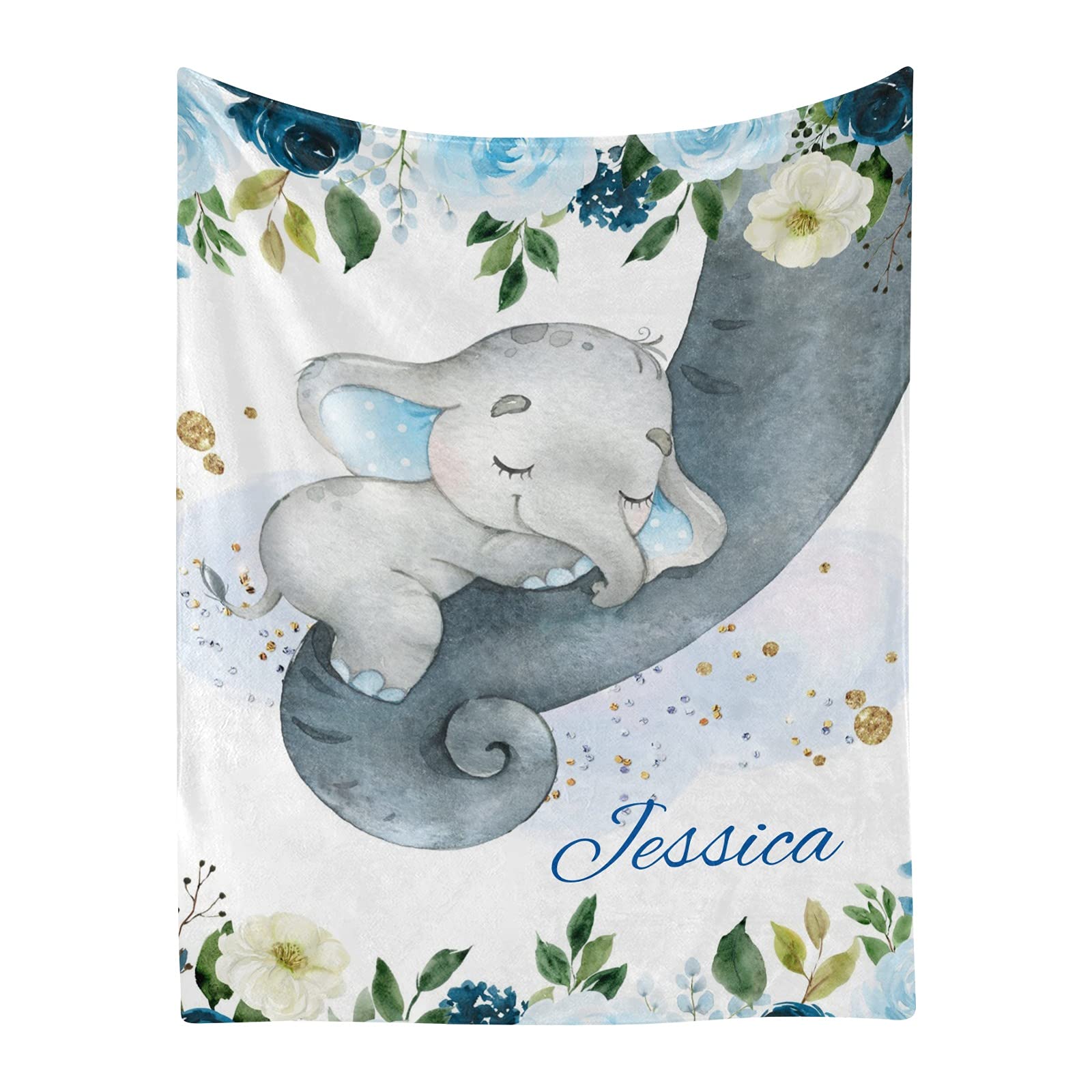 Personalized Baby Blanket with Blue Floral Elephant Design - Custom Name Soft Fleece Swaddling Blanket 30