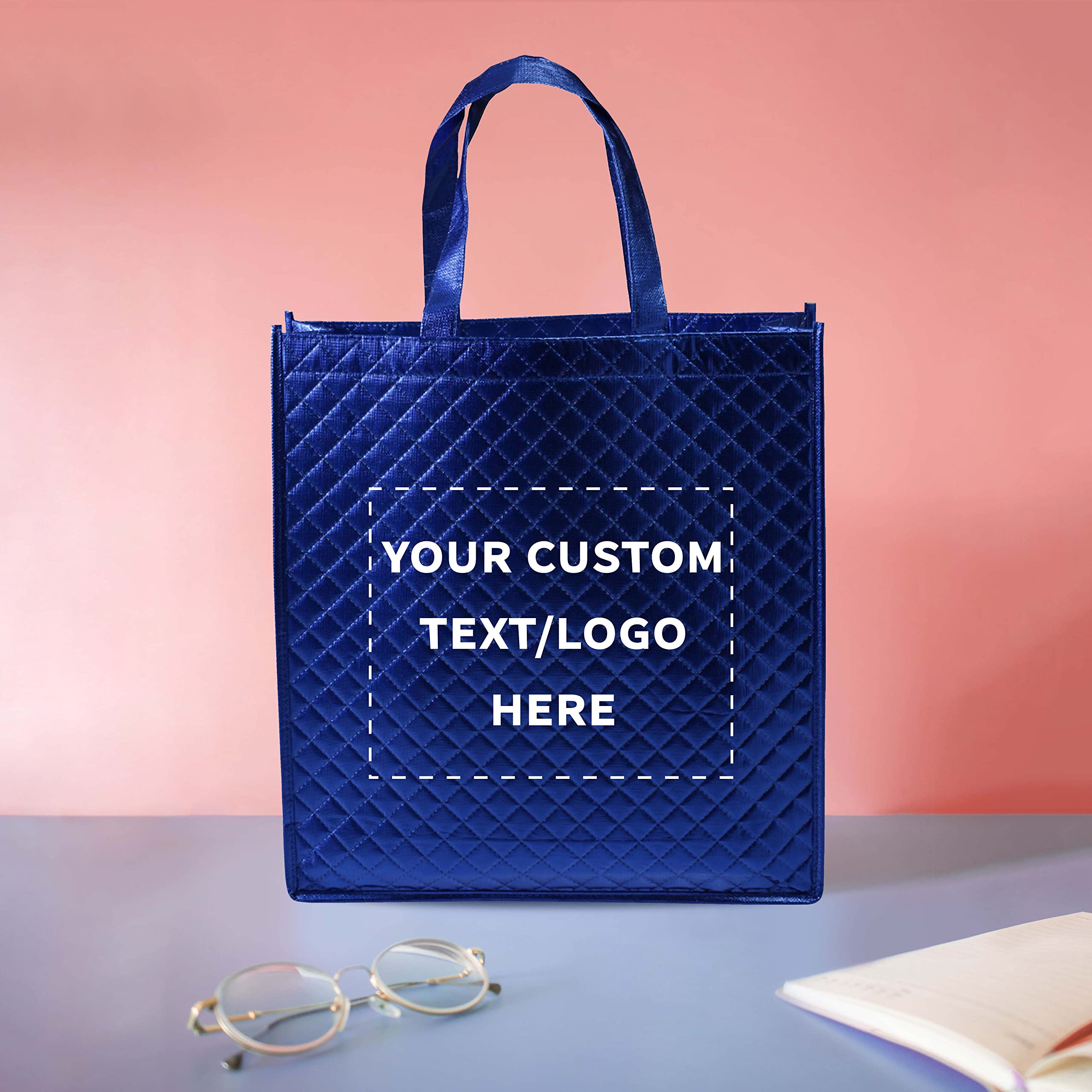 Custom Luxury Laminated Tote Bags - Bulk Pack of 50 Personalized Reusable Shopping Bags | Royal Blue | Perfect for Beach Outings, Wedding Favors, Corporate Events & Retail Promotions