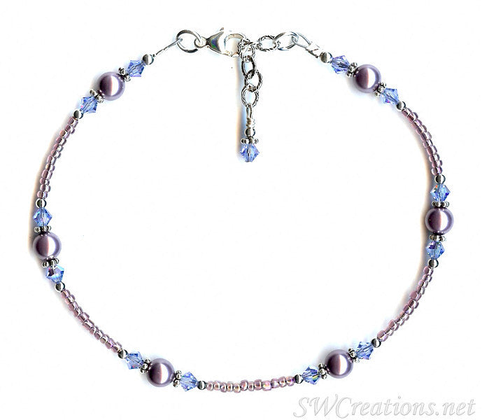 Sapphire Mauve Pearl Crystal Beaded Anklet for Women - Elegant Bohemian Ankle Bracelet for Summer Beach Wedding Party - Handmade Adjustable Foot Chain Jewelry Gift