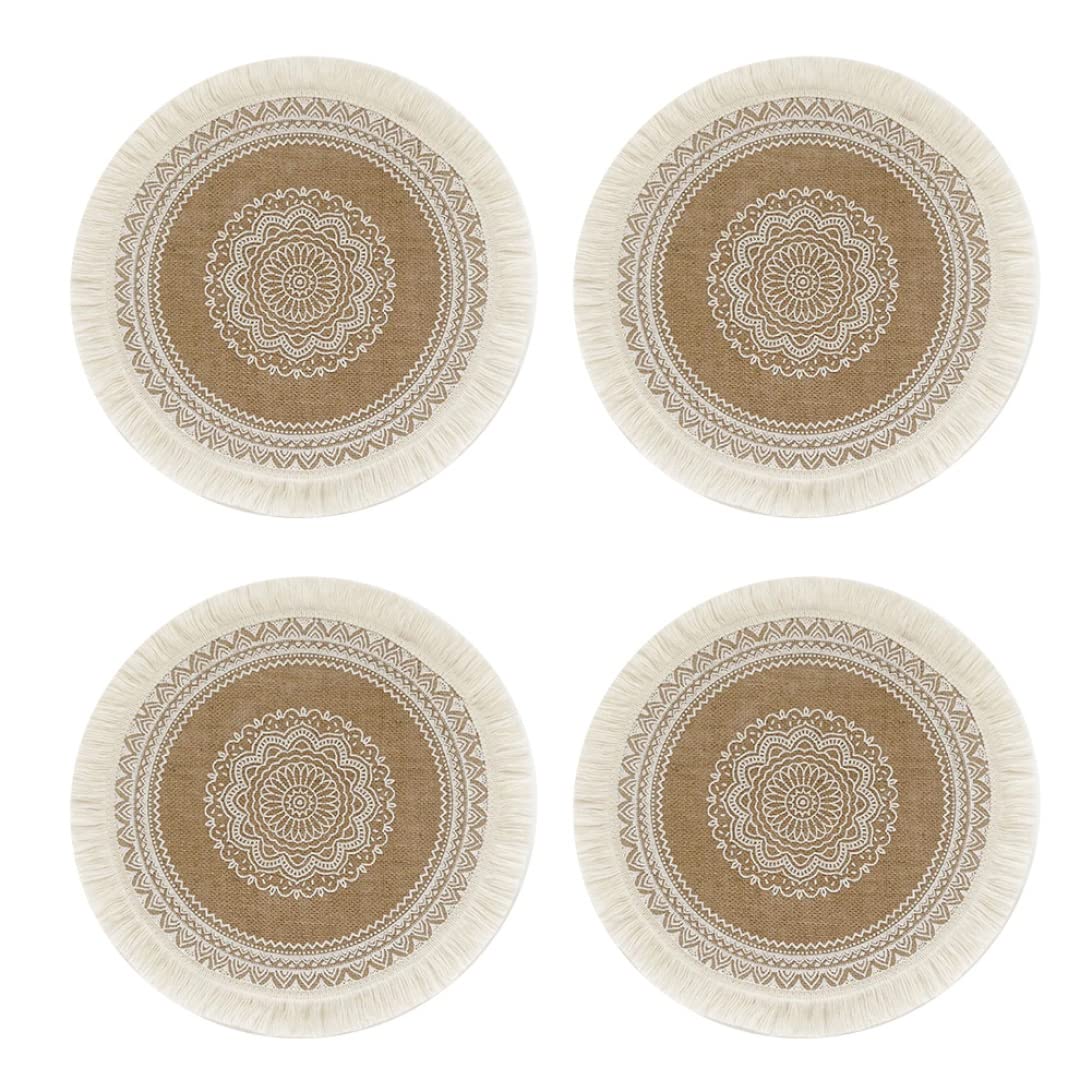 Handwoven Jute Round Placemats Set of 4 - 15 Inch Natural Fiber Table Mats with Pompom Tassels for Dining Room & Kitchen Decor | Boho Chic Table Runner, Eco-Friendly Home Accessories | Perfect for Dinner Parties, Holiday Gatherings & Everyday Use