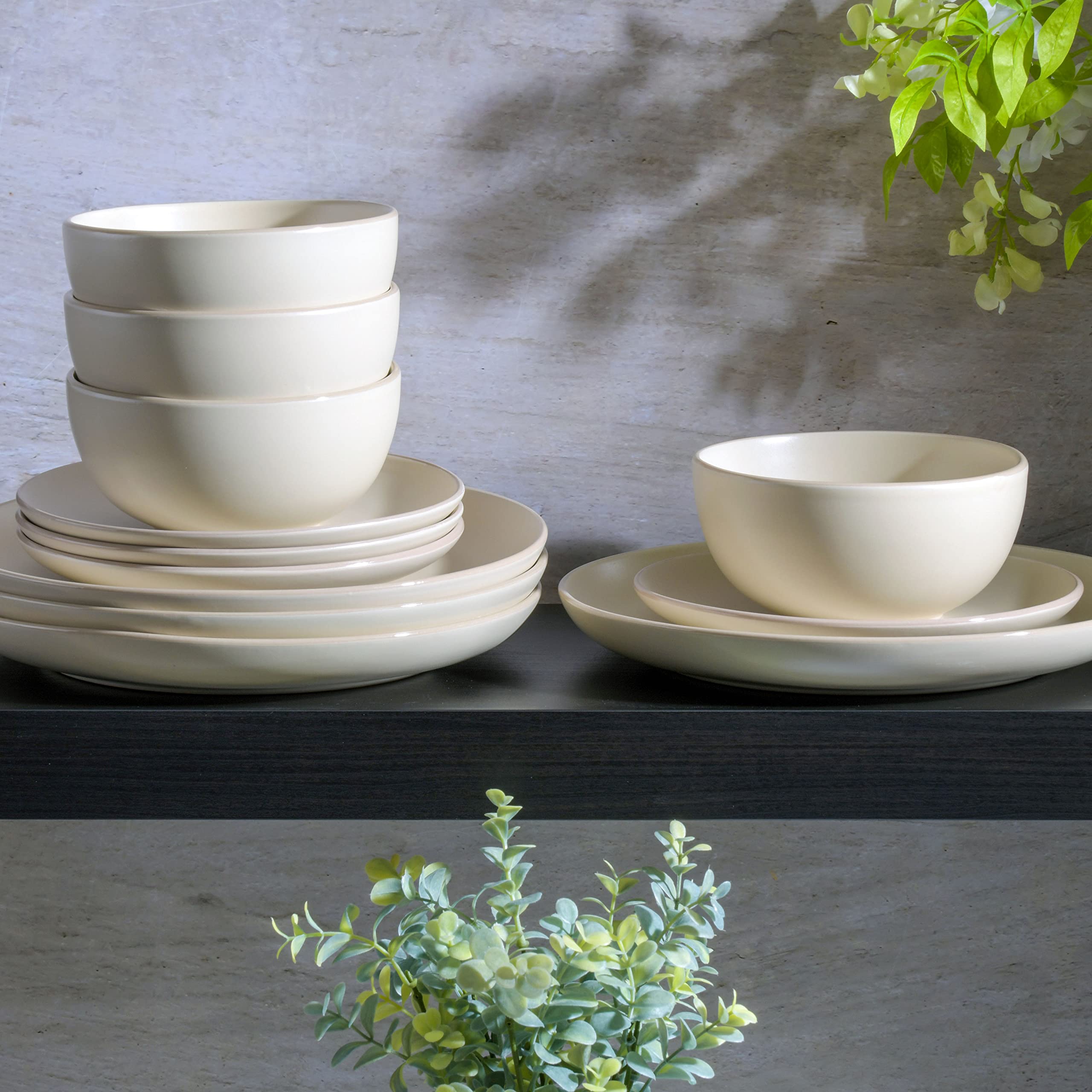 Premium Gibson Home Rockaway 12-Piece Round Stoneware Dinnerware Set for 4 - Cream White Porcelain Plates, Bowls & Mugs - Elegant Everyday Dining & Entertaining