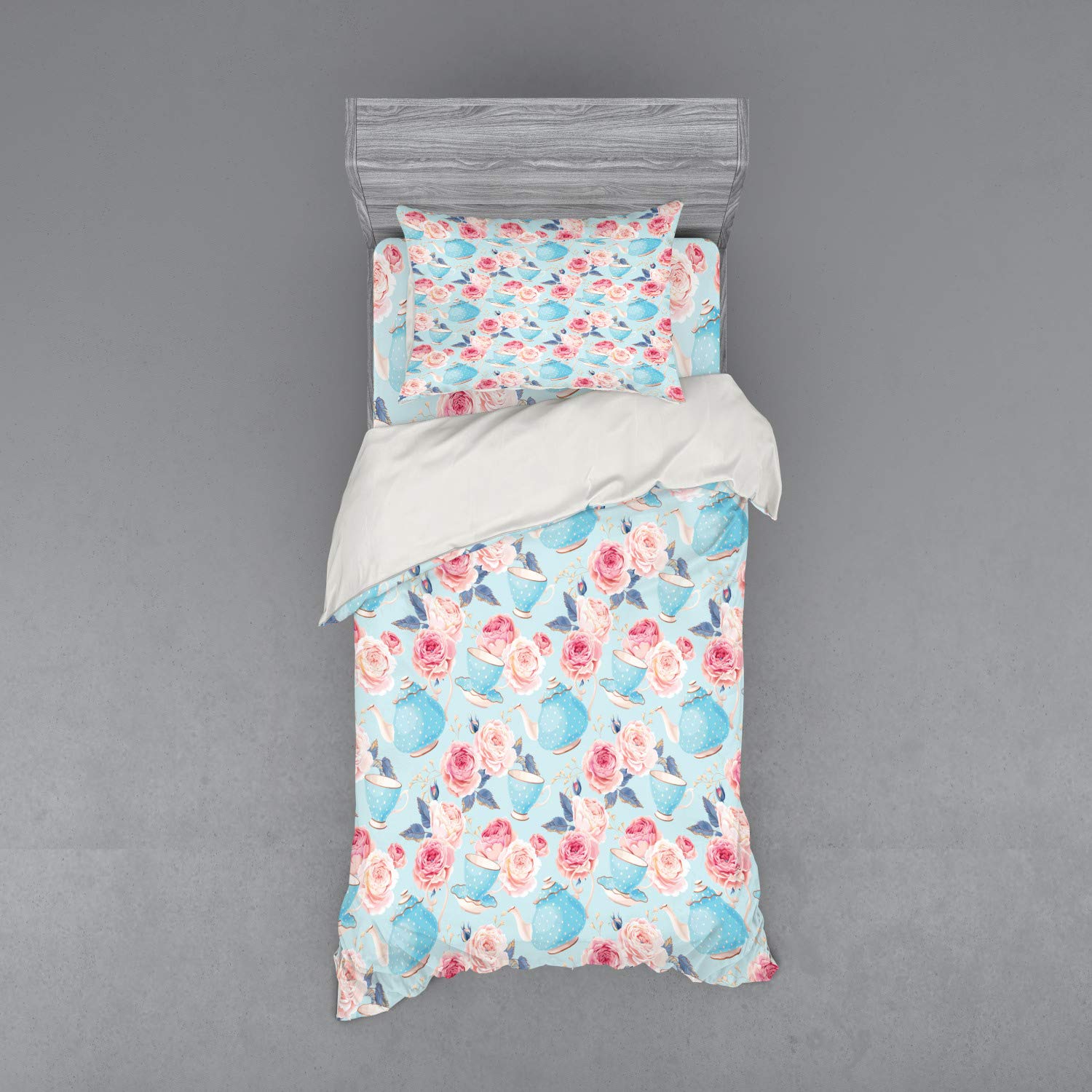 Ambesonne Vintage Floral Bedding Set - 3 Piece Duvet Cover with Sham & Fitted Sheet, Twin XL Size, Pastel Blue & Pink Roses Teacup Design | Perfect for Guest Rooms, Bedroom Makeovers & Cozy Cottage Style Decor