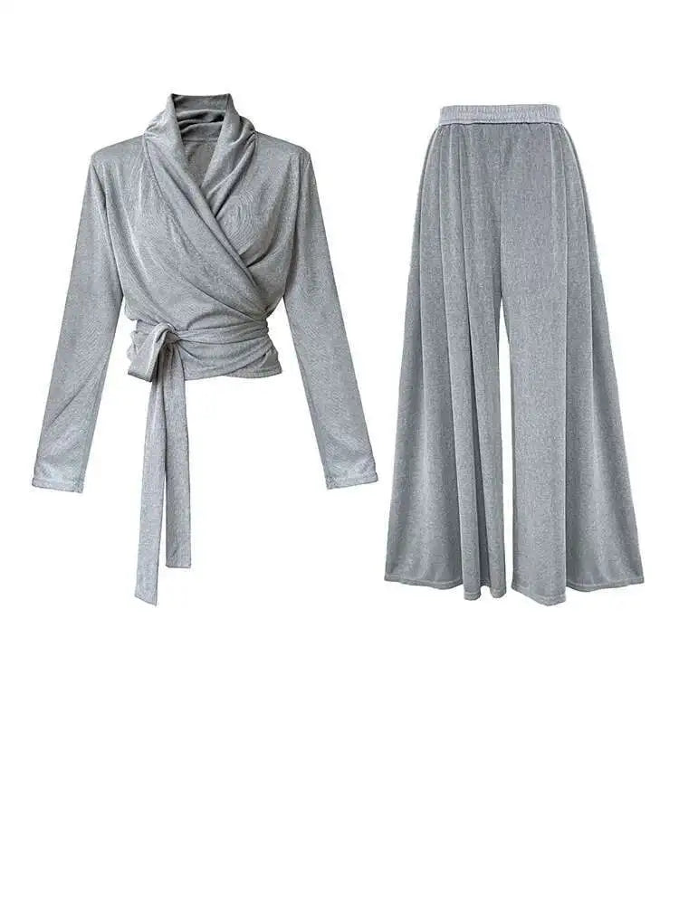 Elegant Women's Bandage T-Shirt & Wide Leg Pants Two-Piece Suit - V-Neck Long Sleeve Fashion Set for Spring/Autumn 2025 | Office Wear, Casual Outfits & Special Occasions
