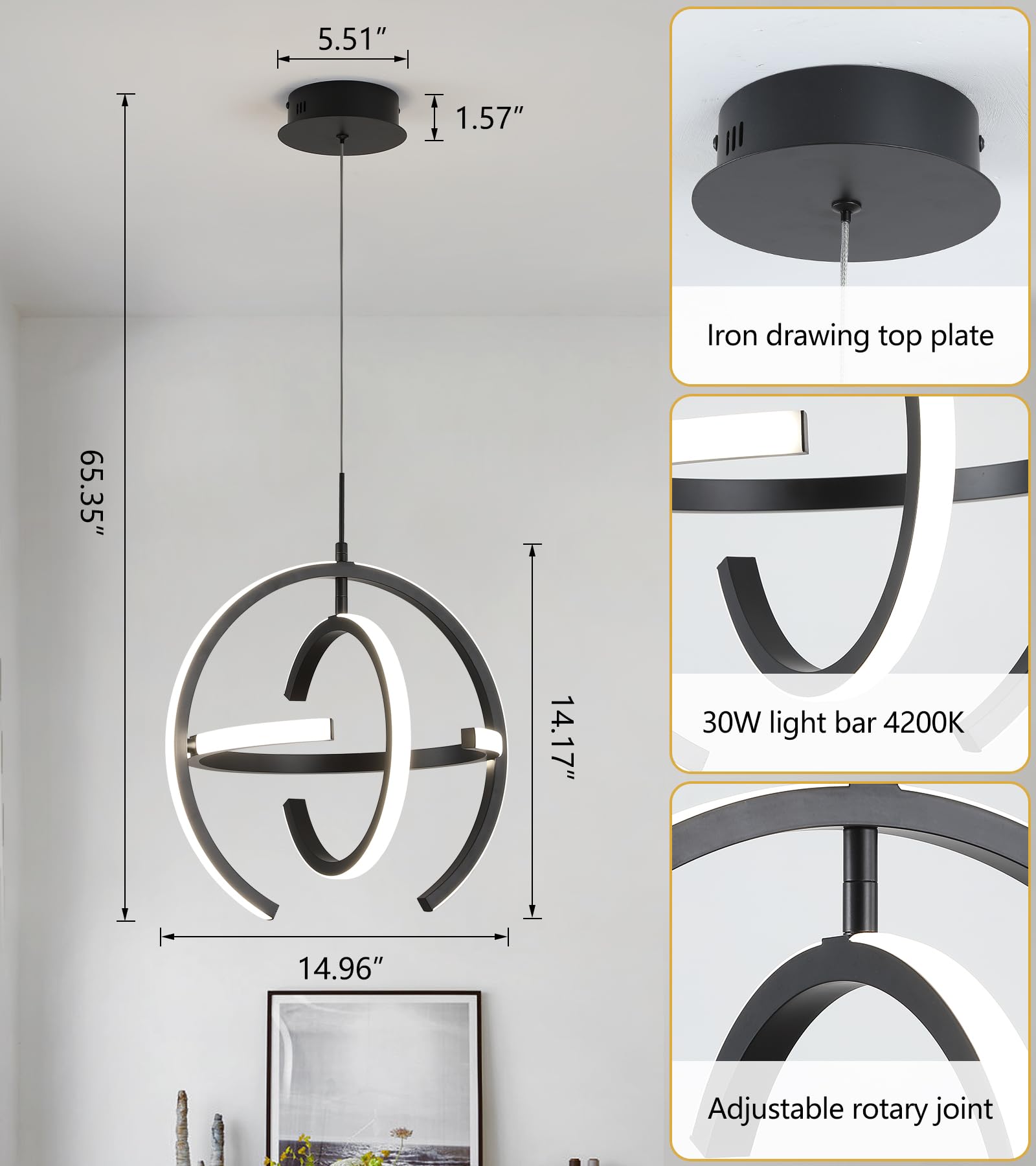 Q&S Modern LED Chandelier - Black Round Globe Hanging Pendant Light Fixture for Entryway, Kitchen Island, Dining Room, Living Room & Stairway - Perfect for Home Decor, Restaurant Lighting & Commercial Spaces