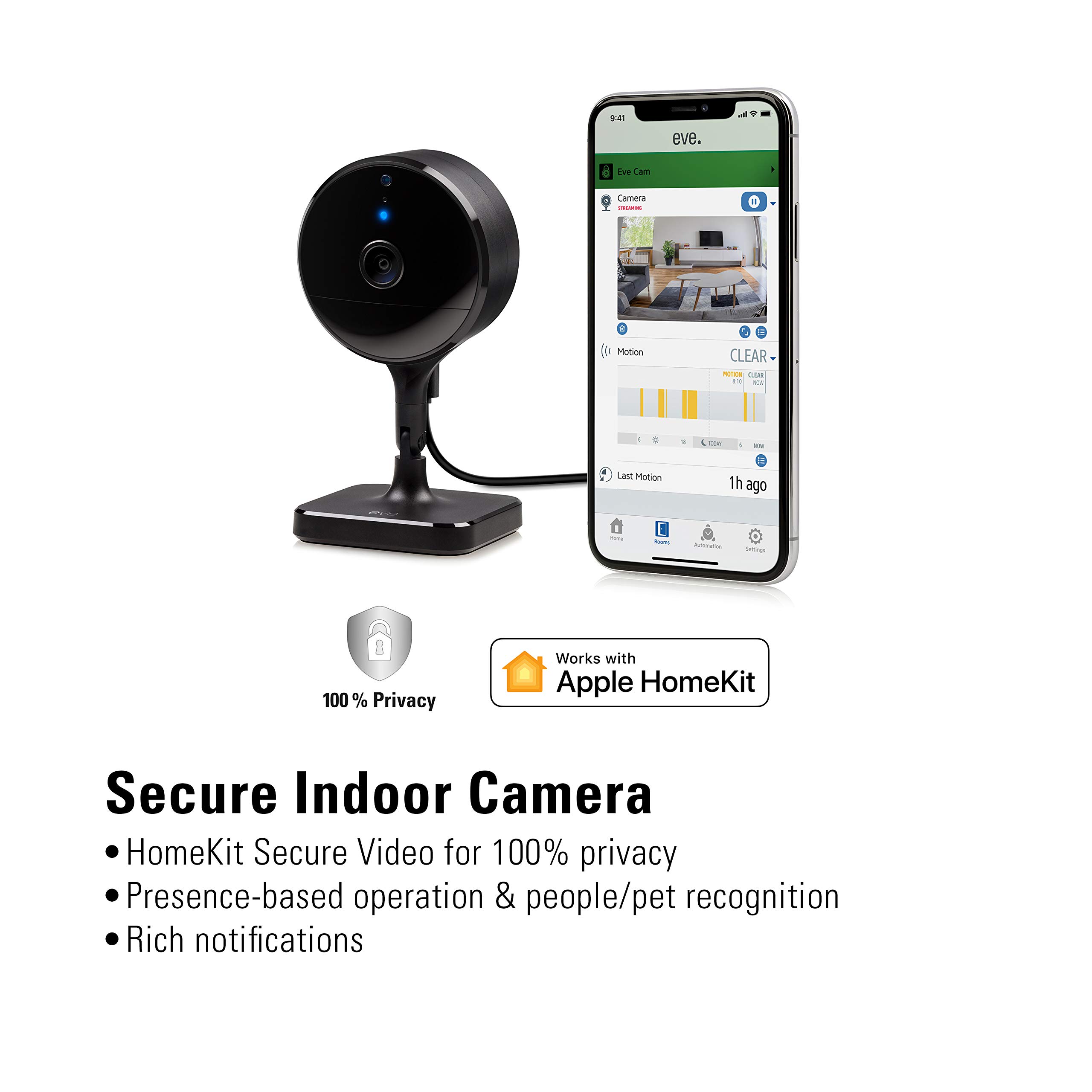 Eve Cam - Apple HomeKit Secure Indoor Camera with Motion Sensor, 2-Way Audio & Night Vision | Home Security Monitoring for iPhone, iPad & Apple Watch | Perfect for Baby, Pet & Home Surveillance