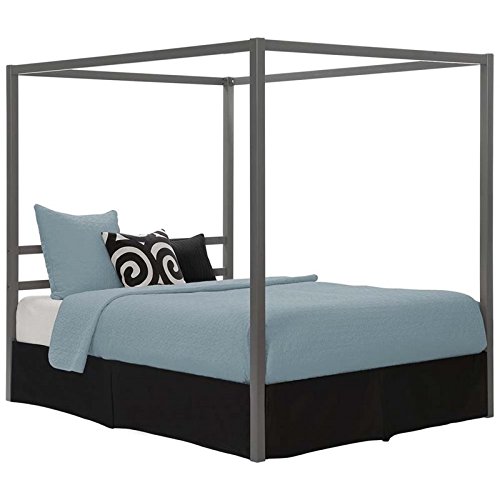 BOWERY HILL Queen Size Metal Canopy Bed Frame - Gunmetal Gray Finish - Elegant Modern Bedroom Furniture for Master Bedroom or Guest Room