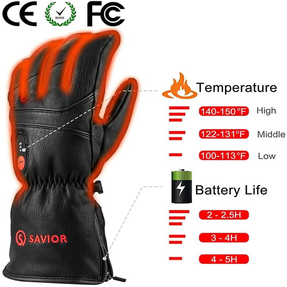 Savior Winter Heated Leather Gloves - 7.4V Rechargeable Battery, Touchscreen Compatible - Perfect for Skiing, Snowboarding & Outdoor Winter Activities