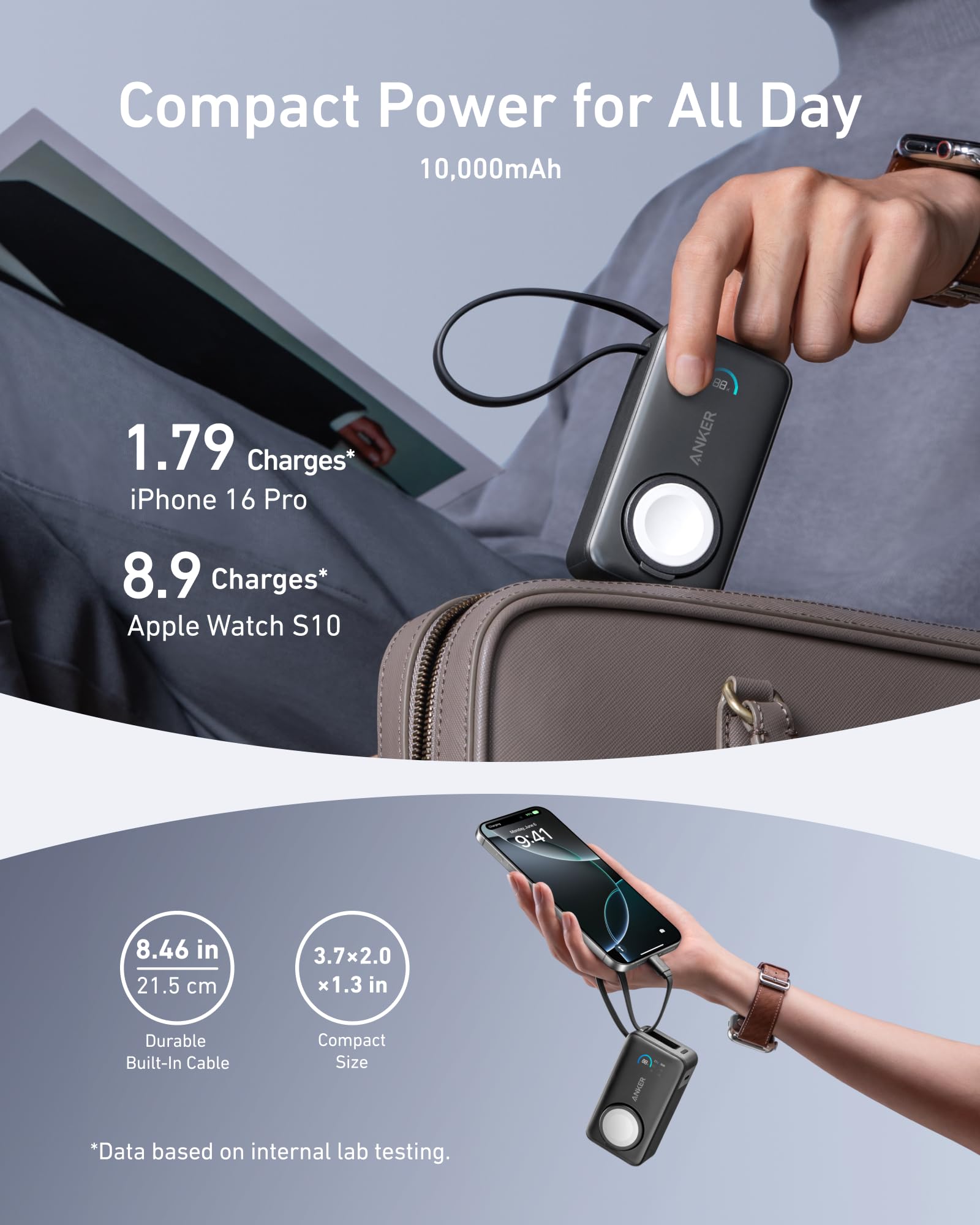 Anker MagGo Power Bank 10,000mAh Portable Charger for Apple Watch, iPhone 15 Series, Samsung, iPad & AirPods - MFi Certified Magnetic Wireless Charger with Built-in USB-C Cable (35W Max) - Perfect for Travel, Camping & Emergency Power Backup