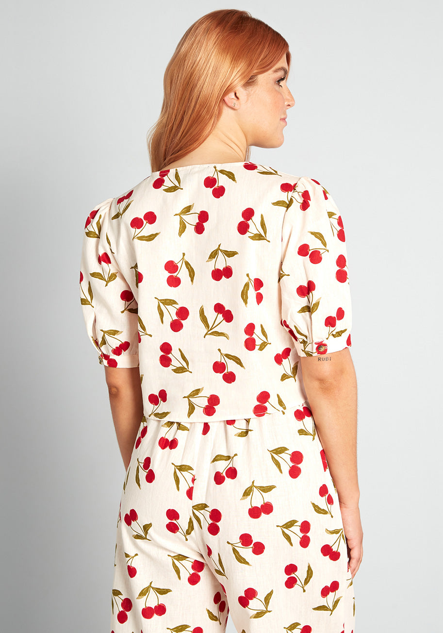 Cheerful Cherries Print Tie Front Blouse for Women - Floral Summer Tops for Casual Outings & Date Nights