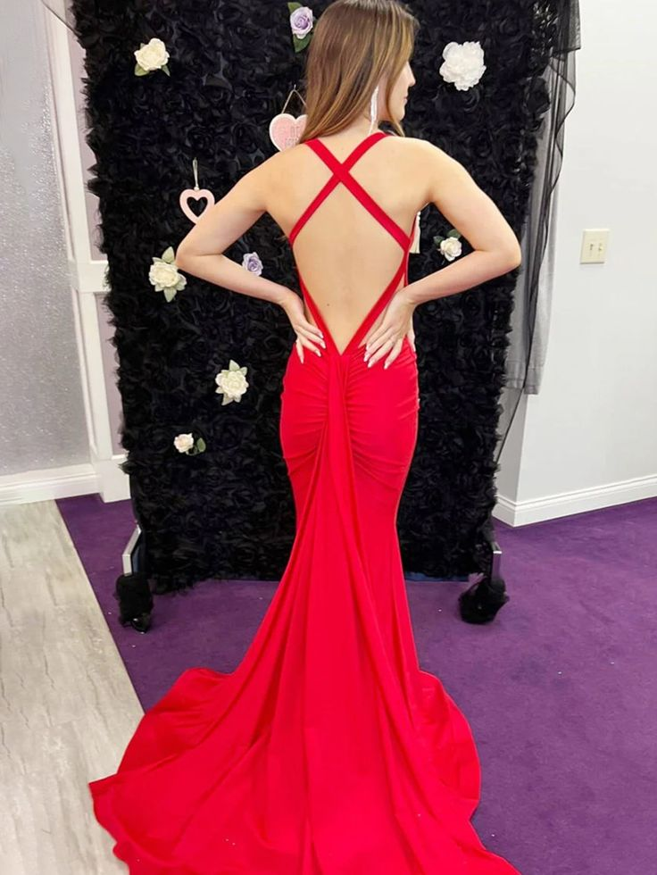 Elegant Mermaid Red V-Neck Backless Satin Long Prom Dress J6137 - Perfect for Homecoming, Evening Gala & Formal Events