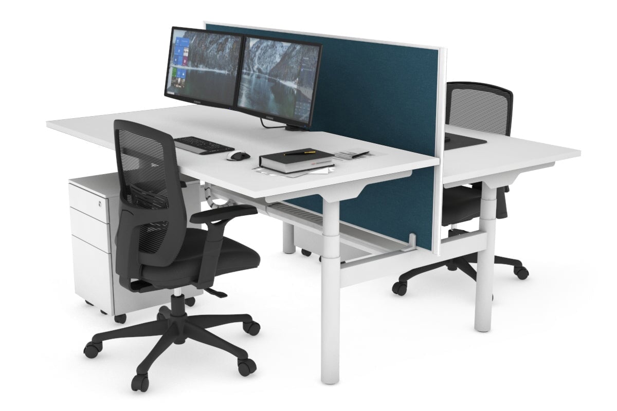 Flexi Premium Height Adjustable 2-Person H Bench Workstation - White Frame [1400L x 800W with Cable Management] - Ideal for Office, Home Workspace & Collaborative Environments