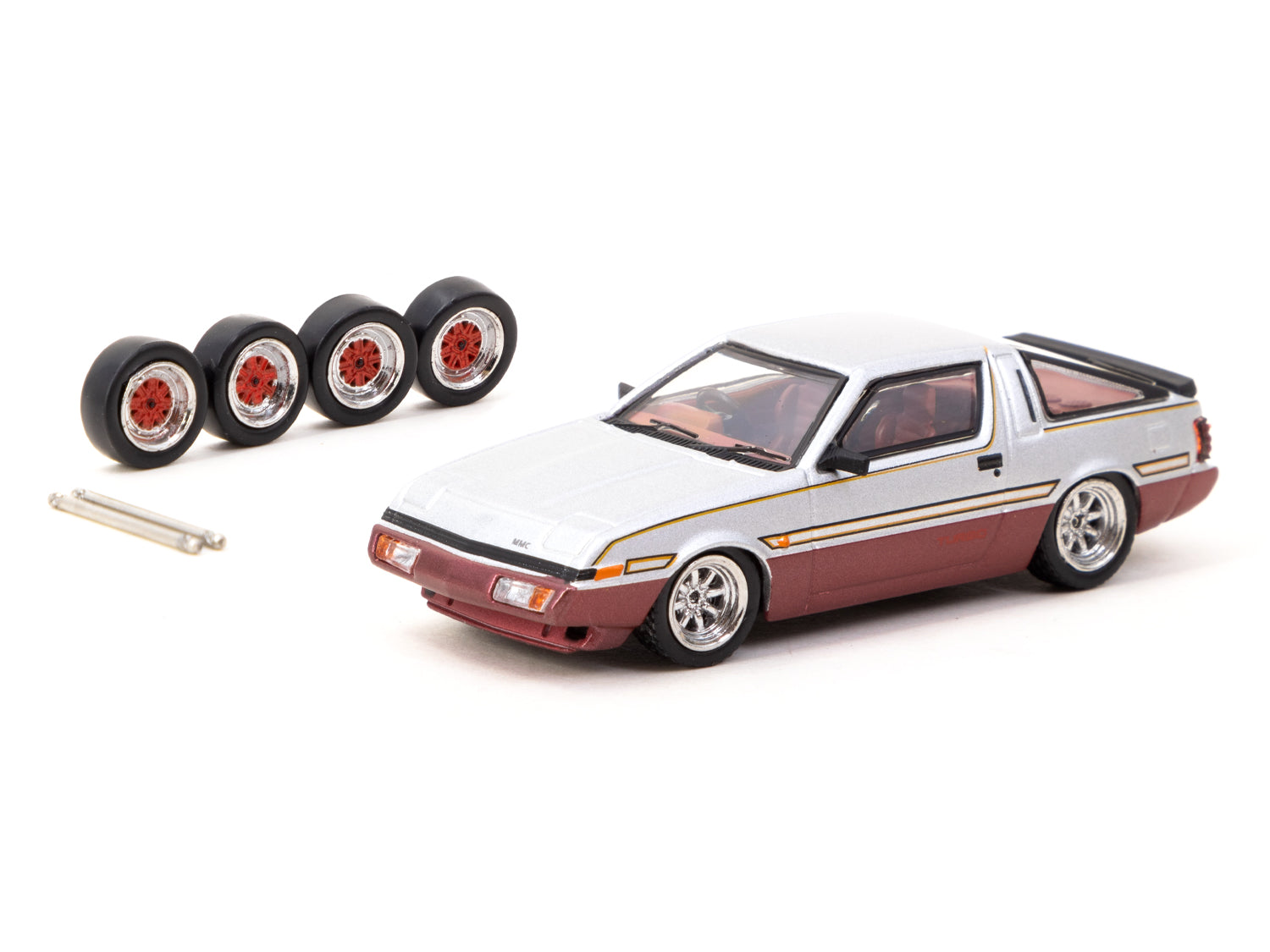 Tarmac Works 1/64 Scale Mitsubishi Starion Diecast Model Car - Silver & Dark Red (ROAD64) - Perfect for Collectors, Display Cases, and Racing Dioramas