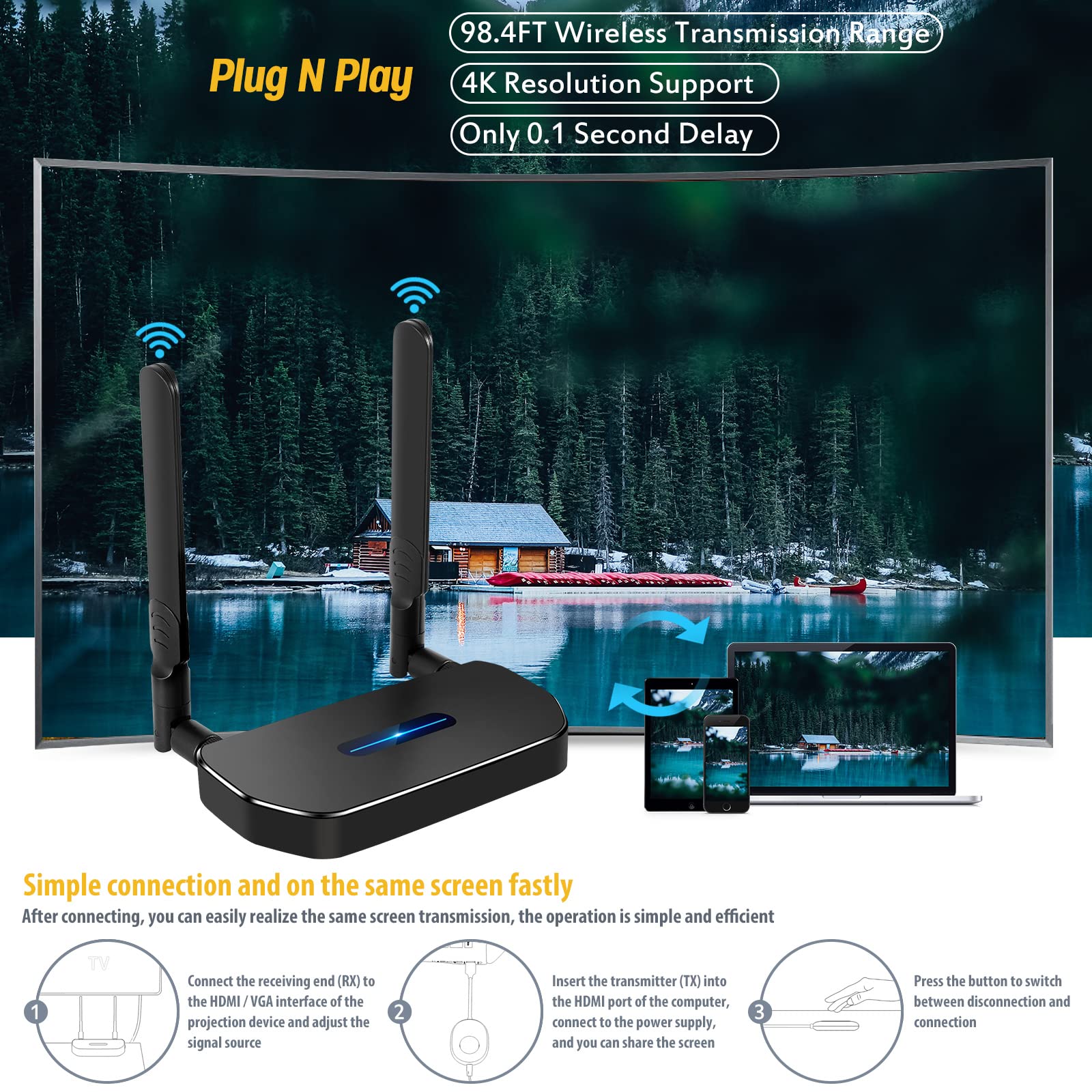 4K Wireless HDMI Transmitter & Receiver Kit - 50M Range, Dual Screen Casting, Plug & Play for PC/Laptop/TikTok to Monitor/TV - Perfect for Home Theater, Gaming & Office Presentations