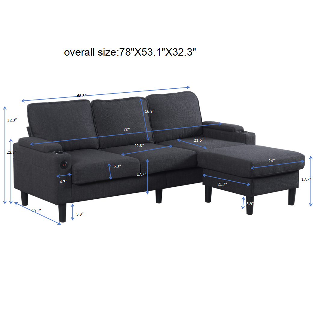 Dark Grey Knock Down 3-Seat L-Shaped Sectional Sofa with Storage Ottoman - Upholstered Couch for Living Room, Apartment, Bedroom & Compact Spaces - Perfect for Small Homes, Studio Apartments and Cozy Lounging