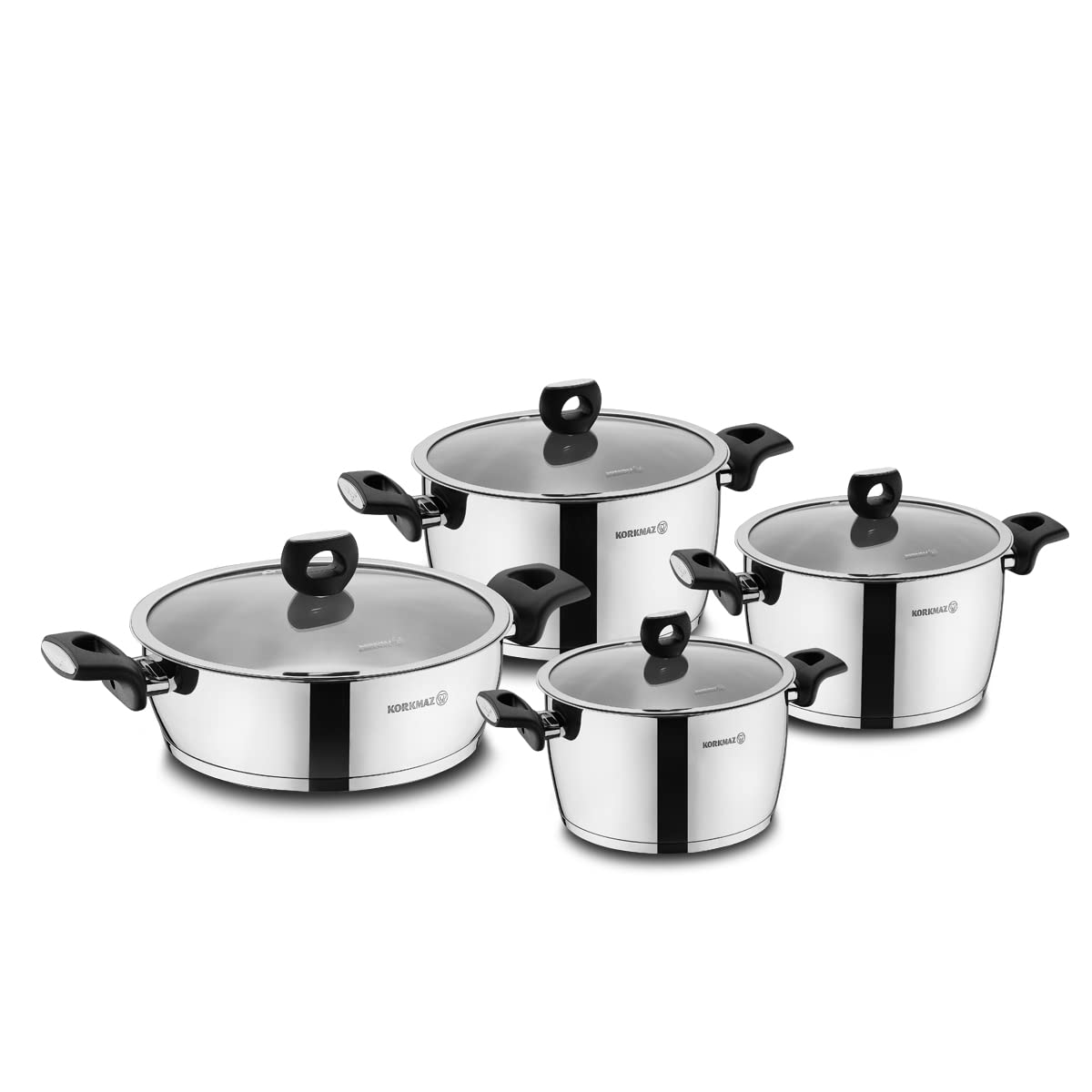 Korkmaz Nora 8-Piece Stainless Steel Cookware Set with Tempered Glass Lids & Bakelite Handles - Induction Compatible, Dishwasher Safe Polished Pots & Pans for Modern Kitchen - Perfect for Boiling, Frying & Everyday Cooking