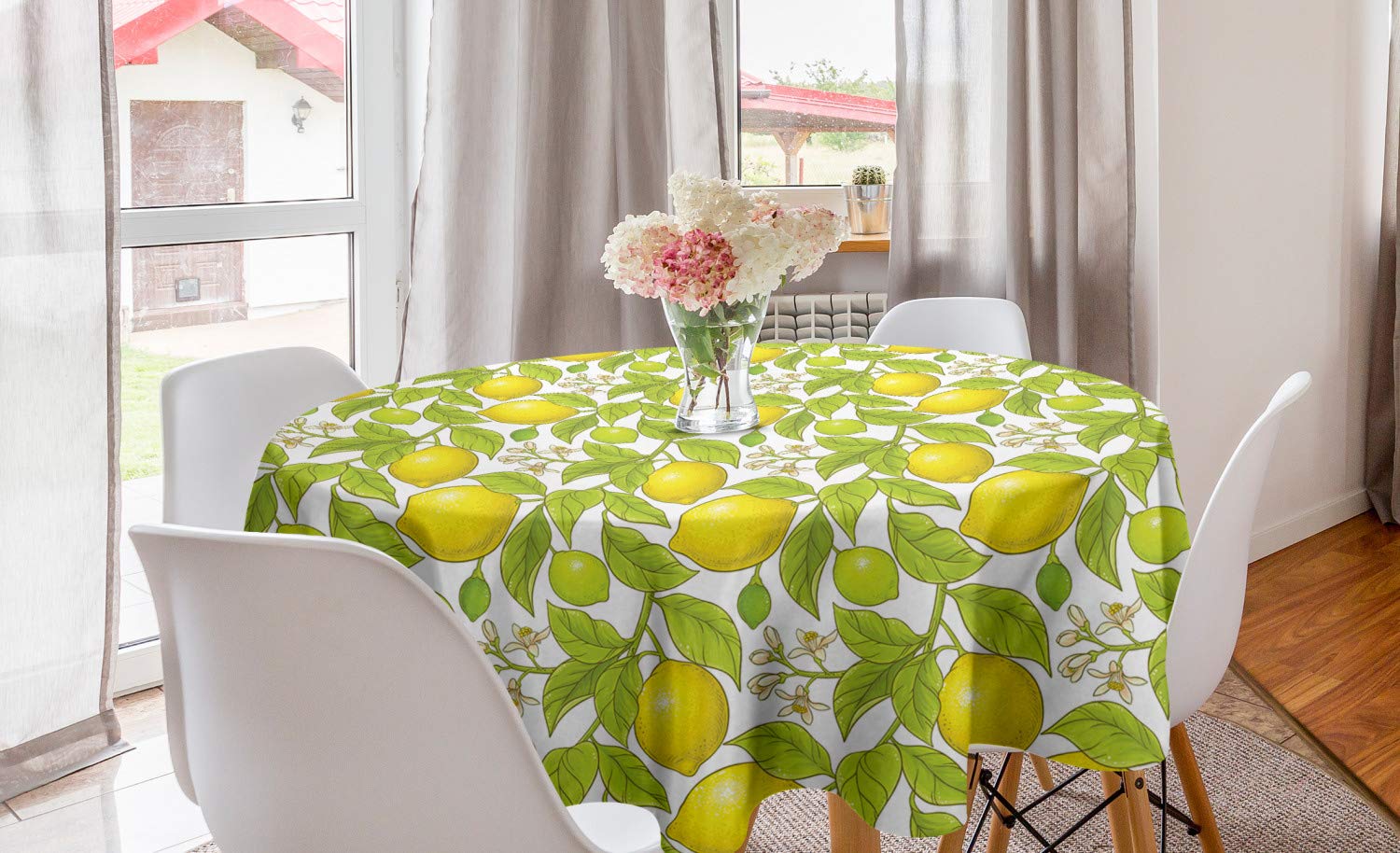 Lunarable 60-inch Round Tablecloth with Citrus Lemon Branches & Blossoms Design - Natural Art Illustration for Dining Room & Kitchen Decor in Yellow & Apple Green | Perfect for Parties, Family Gatherings & Holiday Dining