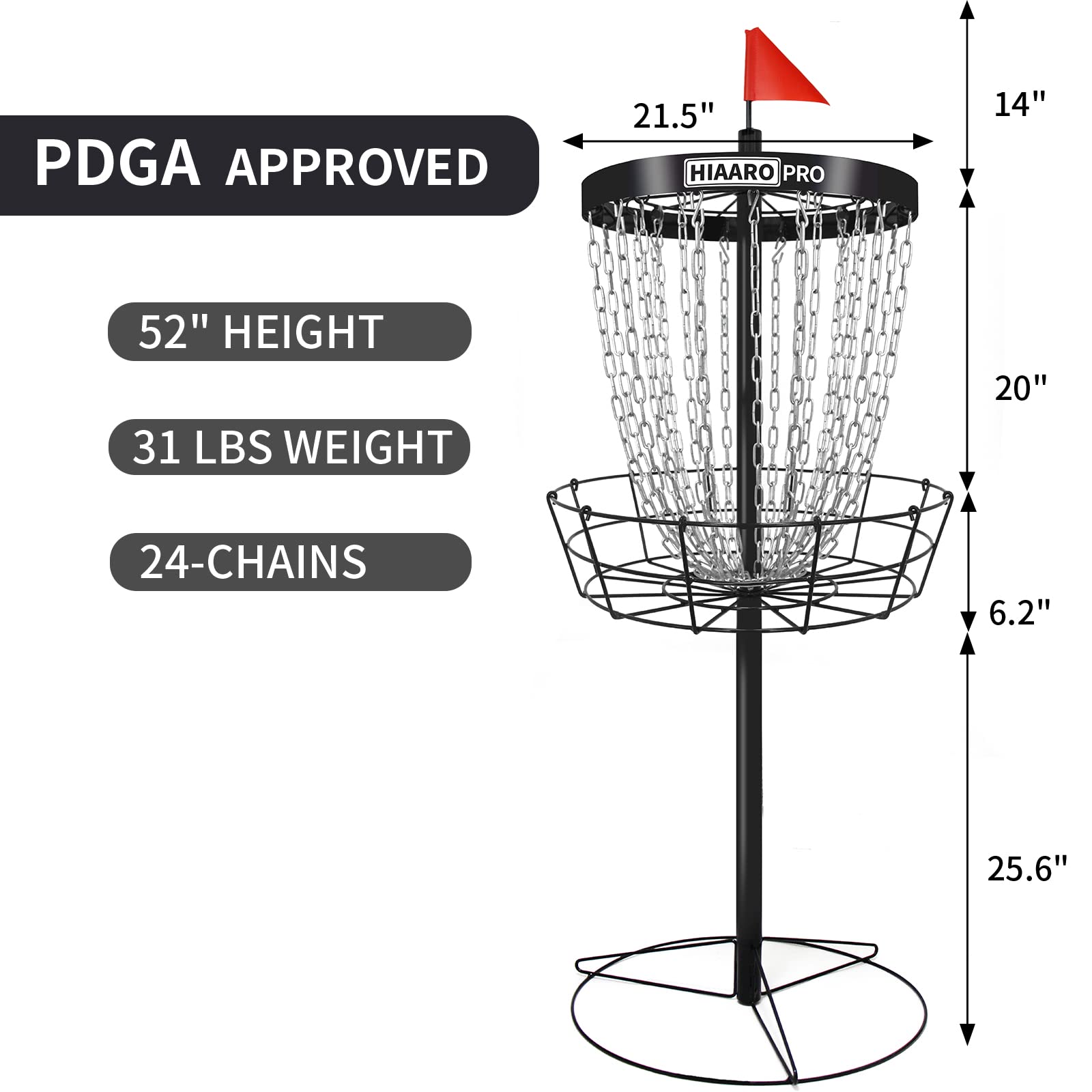 PDGA Approved HIAARO PRO Disc Golf Basket - Portable Heavy Duty 24-Chain Disc Golf Target for Professional Players | Perfect for Backyard Practice, Course Training & Outdoor Games