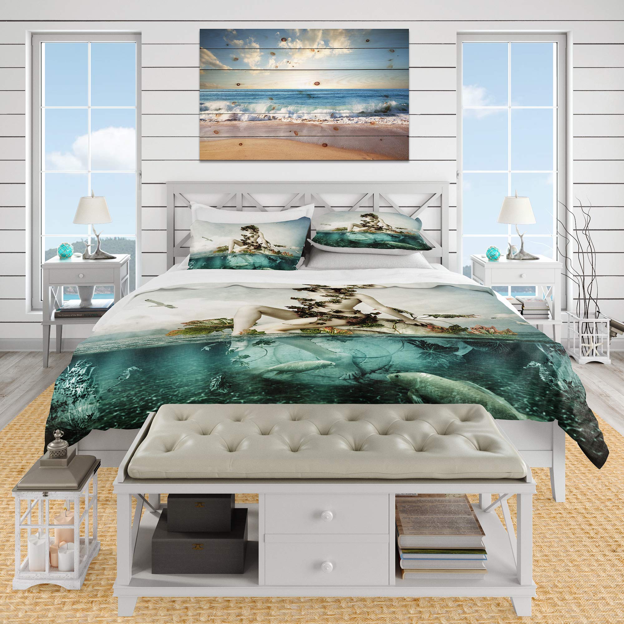 DesignQ Woman of The Sea Traditional Blue Duvet Cover Set King Size - 3 Piece Romantic Bedding Set for All Seasons | Perfect for Coastal Themed Bedrooms & Guest Room Decor