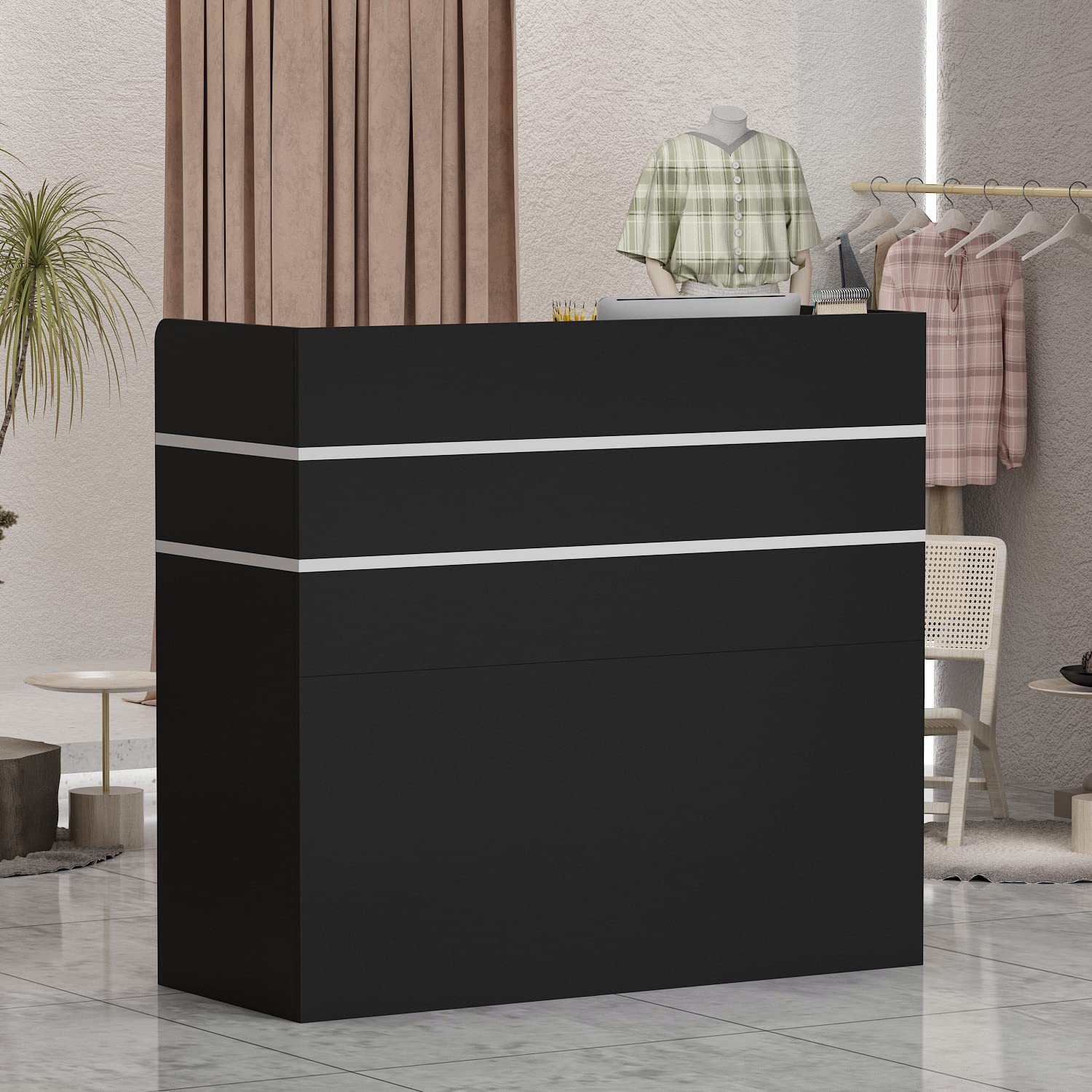 Wooden Reception Desk with Open Shelf & Lockable Drawers - Office Counter for Reception Room (Black) - Perfect for Corporate Lobbies