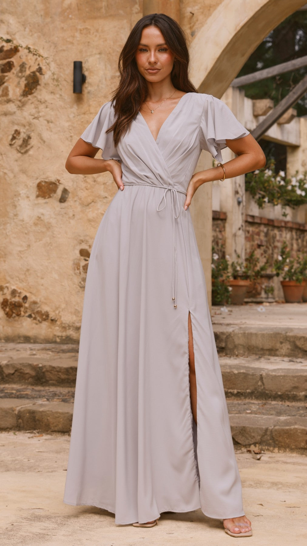 Charlize Maxi Dress for Women - Light Grey Flowy Long Dress for Summer, Beach, and Casual Wear