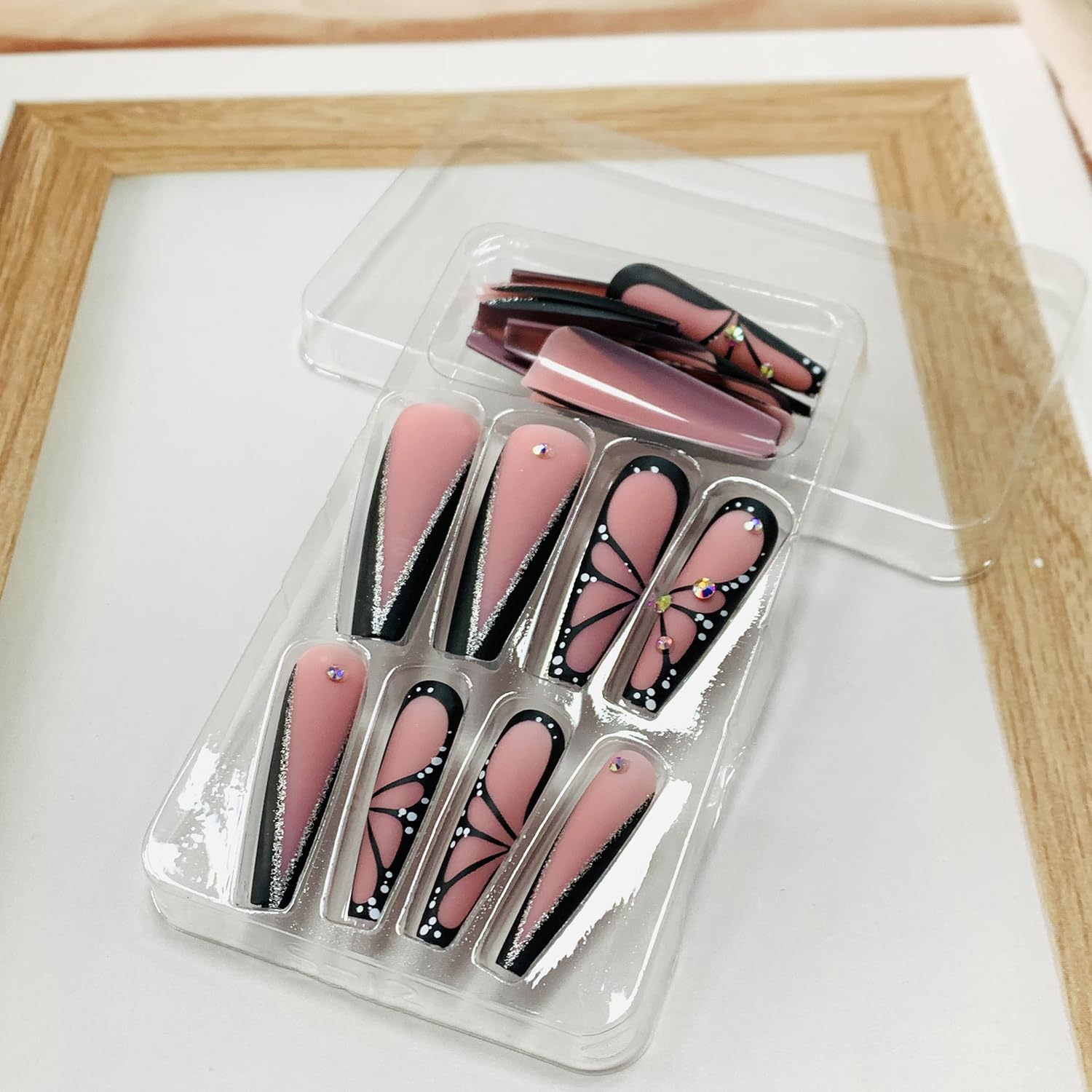 Long Coffin Press on Nails - Black Glossy Full Cover Acrylic False Nails with Rhinestone & Butterfly Designs - Extra Long Square Ballerina Fake Nails with Glue - Stick on Artificial Fingernails for Women - Perfect for Parties, Weddings & Special Occasions