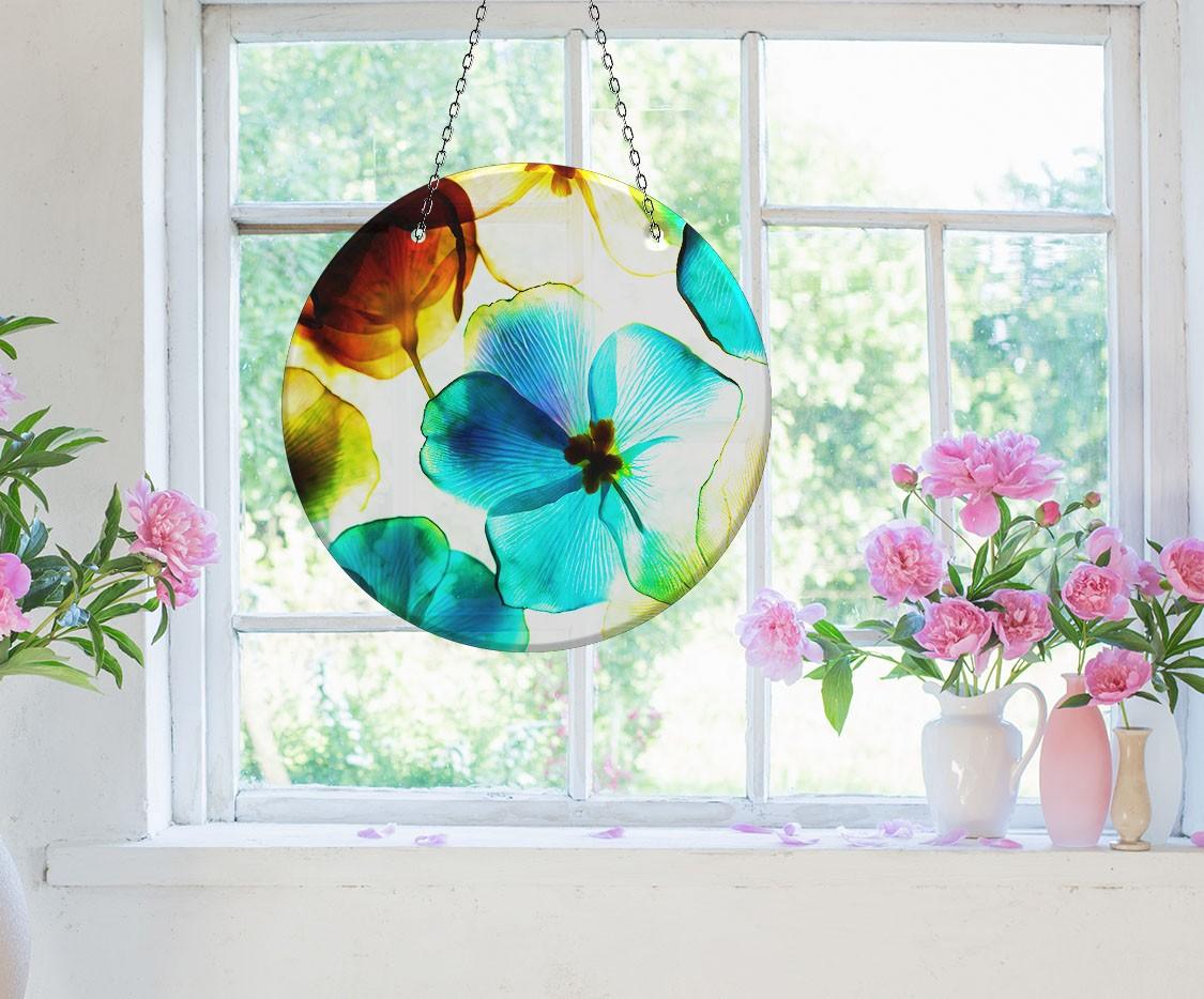 Vibrant Blue & Orange Flower Suncatcher - Handmade Stained Glass Window Decor for Home, Office & Garden - Perfect for Living Room, Bedroom & Outdoor Spaces