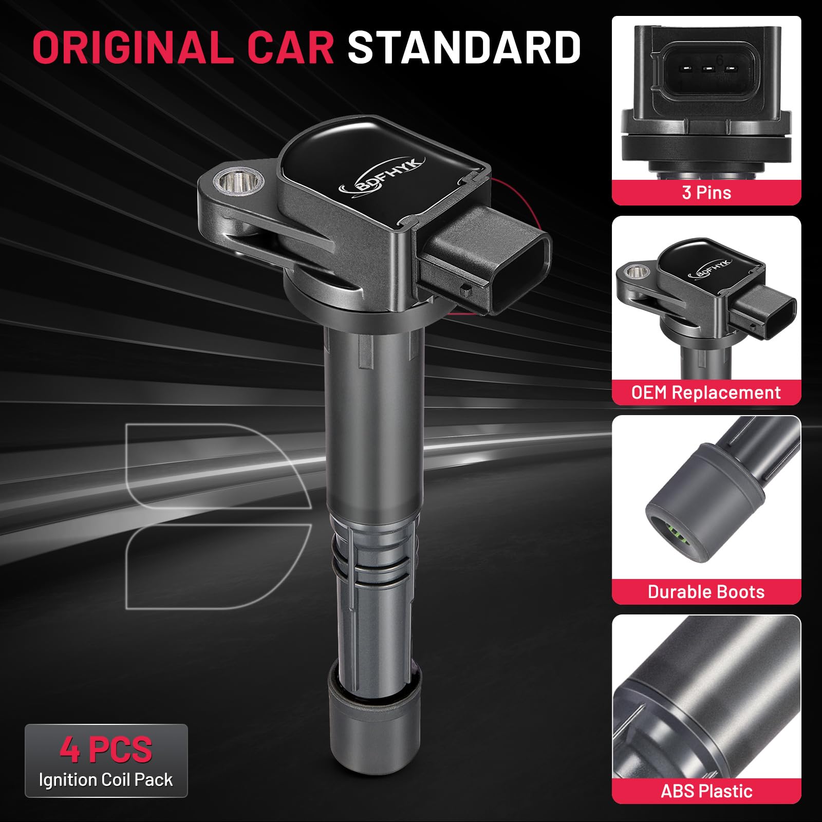 BDFHYK 4-Piece Ignition Coil Pack Set - Compatible with Honda Accord, Civic, CR-V, Element, S2000 & Acura RSX L4 2.0L 2.4L - Replaces UF583, UF311, 5C1382 - Perfect for Engine Performance & Smooth Driving