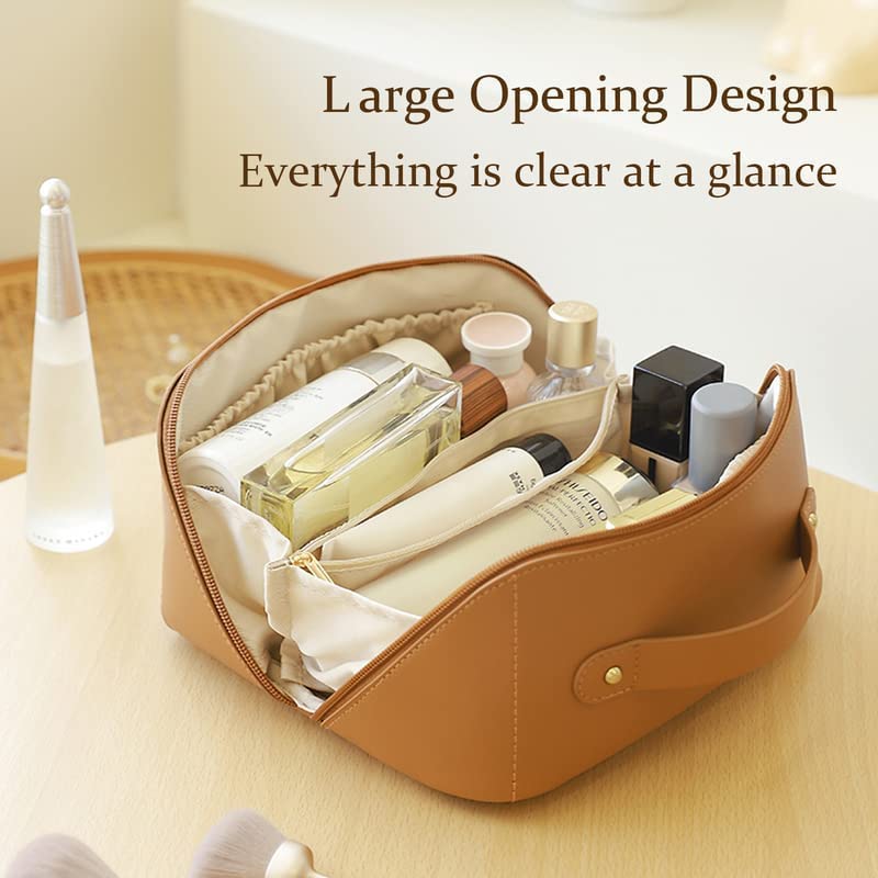 Luxury Waterproof PU Leather Makeup Bag with Handle & Divider - Travel Cosmetic Organizer for Women, Portable Flat Lay Makeup Pouch (Brown) | Perfect for Travel, Gym, and Everyday Use