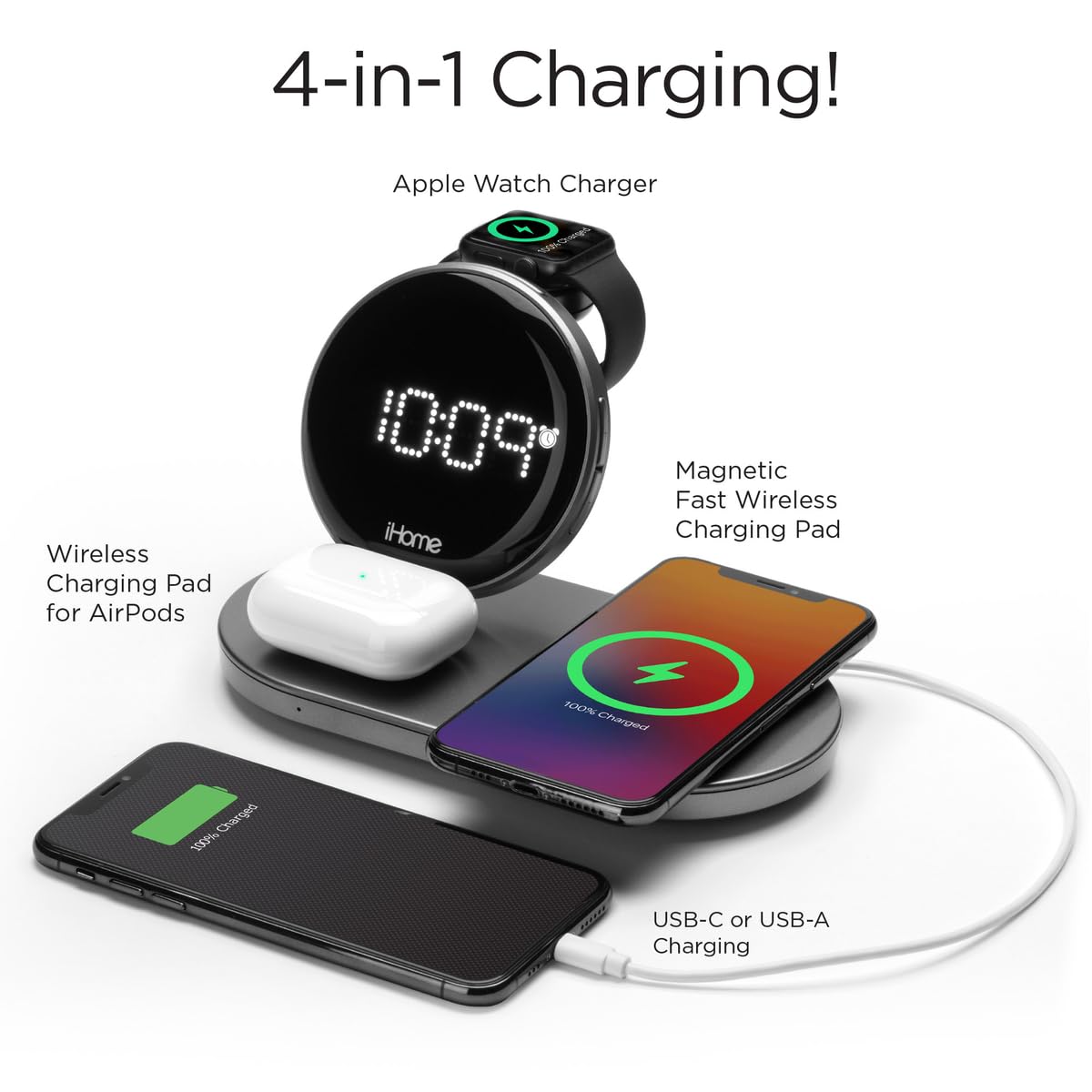 iHome POWERVALET Quad 4-in-1 Dual Qi Wireless Fast Charger for iPhone, AirPods, Apple Watch - 30W USB Charging Alarm Clock with Nightstand Mode | Perfect for Bedroom, Office & Travel (iWW33)