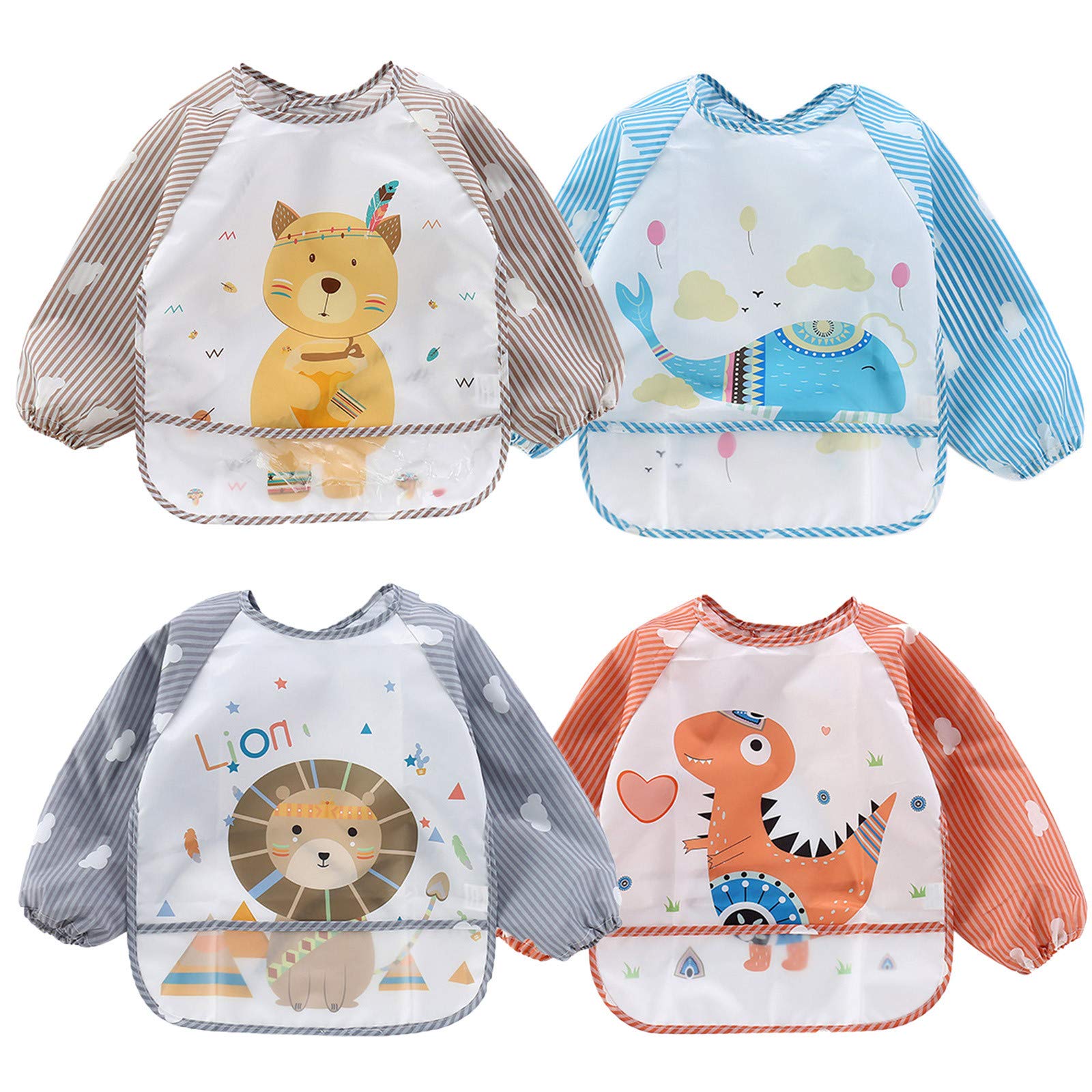 **Waterproof Long Sleeve Baby Bibs for Boys & Girls - 4PCS Soft Cartoon Design - Ideal for Messy Meals, Feeding Time & Toddler Care**