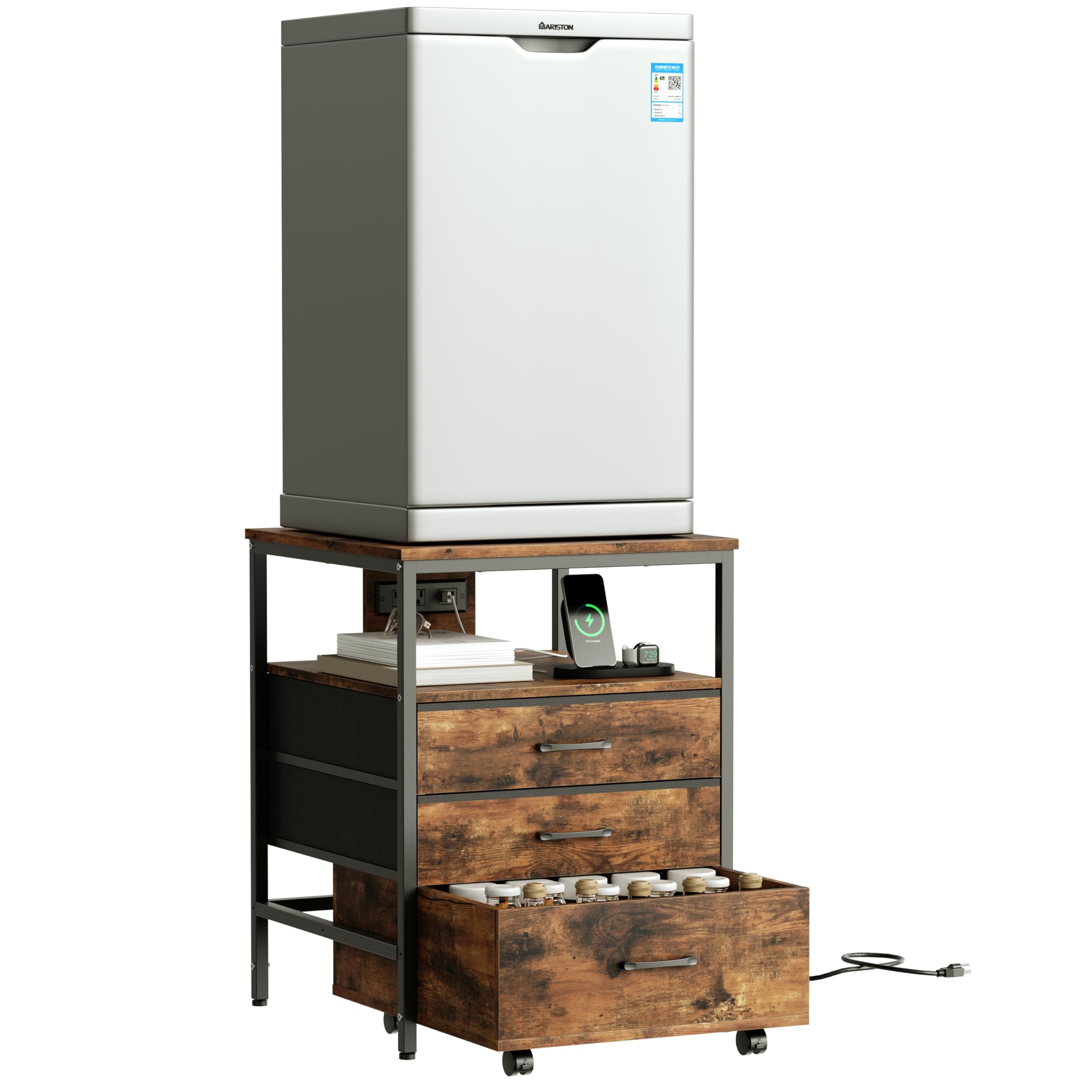 4-Tier Mini Fridge Stand with Storage & Power Outlet - Heavy Duty Rolling Cabinet Organizer for Compact Refrigerators - Rustic Brown HB02BXN - Perfect for Dorm, Office, Bedroom & Kitchen Use