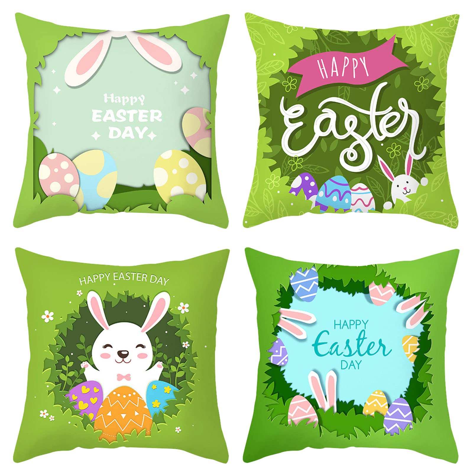 Happy Easter Gnome Rabbit Goblin Egg Printed Linen Pillow Covers Set of 4 - 18x18 Inch Spring Home Decor for Sofa, Couch, Bedroom - Perfect for Easter Decorations, Spring Parties & Cozy Living Room Accents