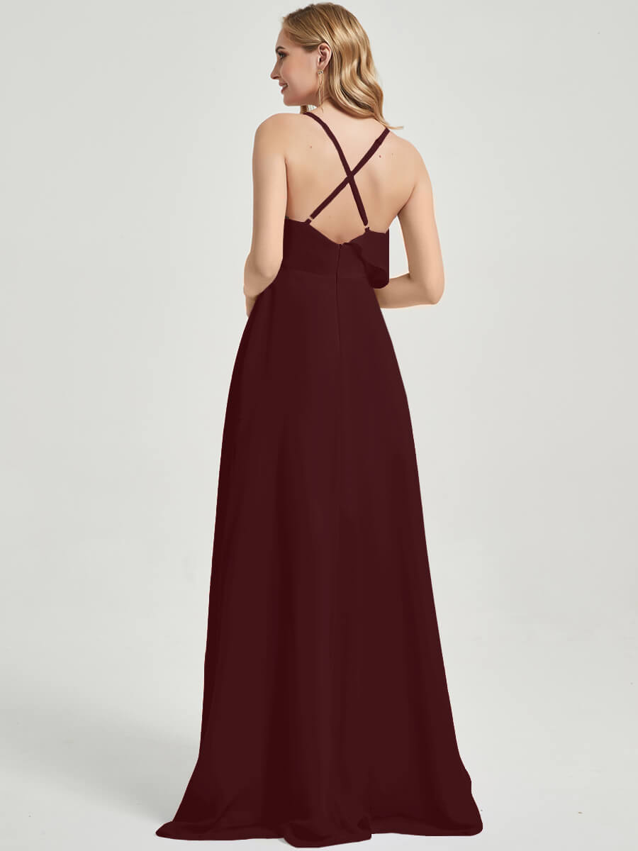 Elegant Burgundy Criss Cross Straps Ruffles Slit Chiffon Maxi Bridesmaid Dress - Perfect for Weddings, Prom & Formal Events