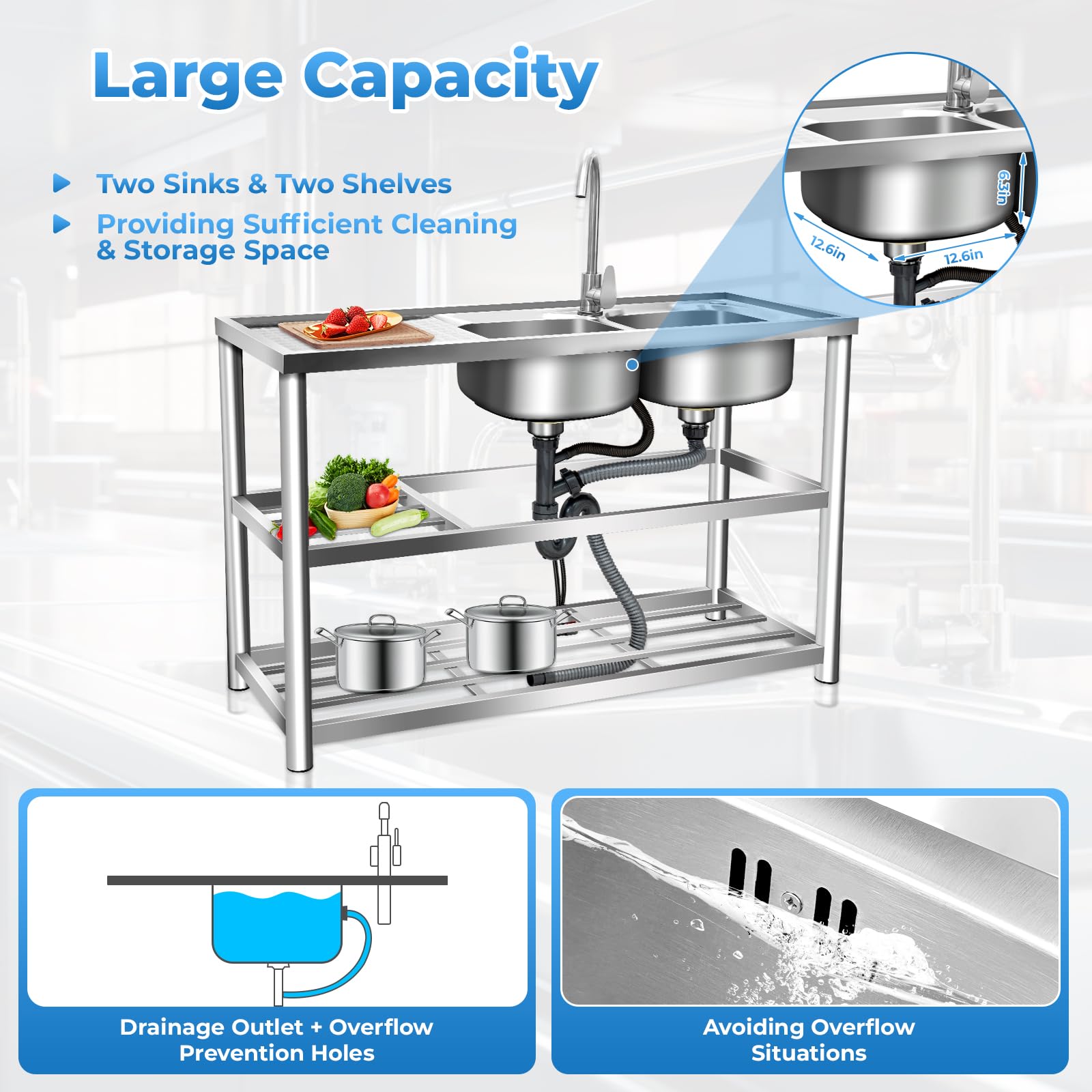 Commercial Stainless Steel Double Bowl Kitchen Sink - 47.2