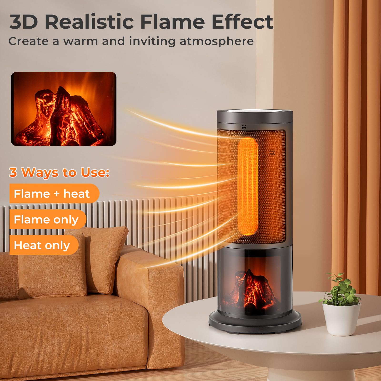 Tangkula 850W/1500W PTC Ceramic Space Heater with Thermostat - 17 Inch Portable Electric Heater with 135° Oscillation, 12 Hour Timer, Realistic 3D Flame Effect, Remote Control & Safety Features (Overheat & Tip-Over Protection) - Perfect for Bedroom, Office, Living Room & Indoor Use