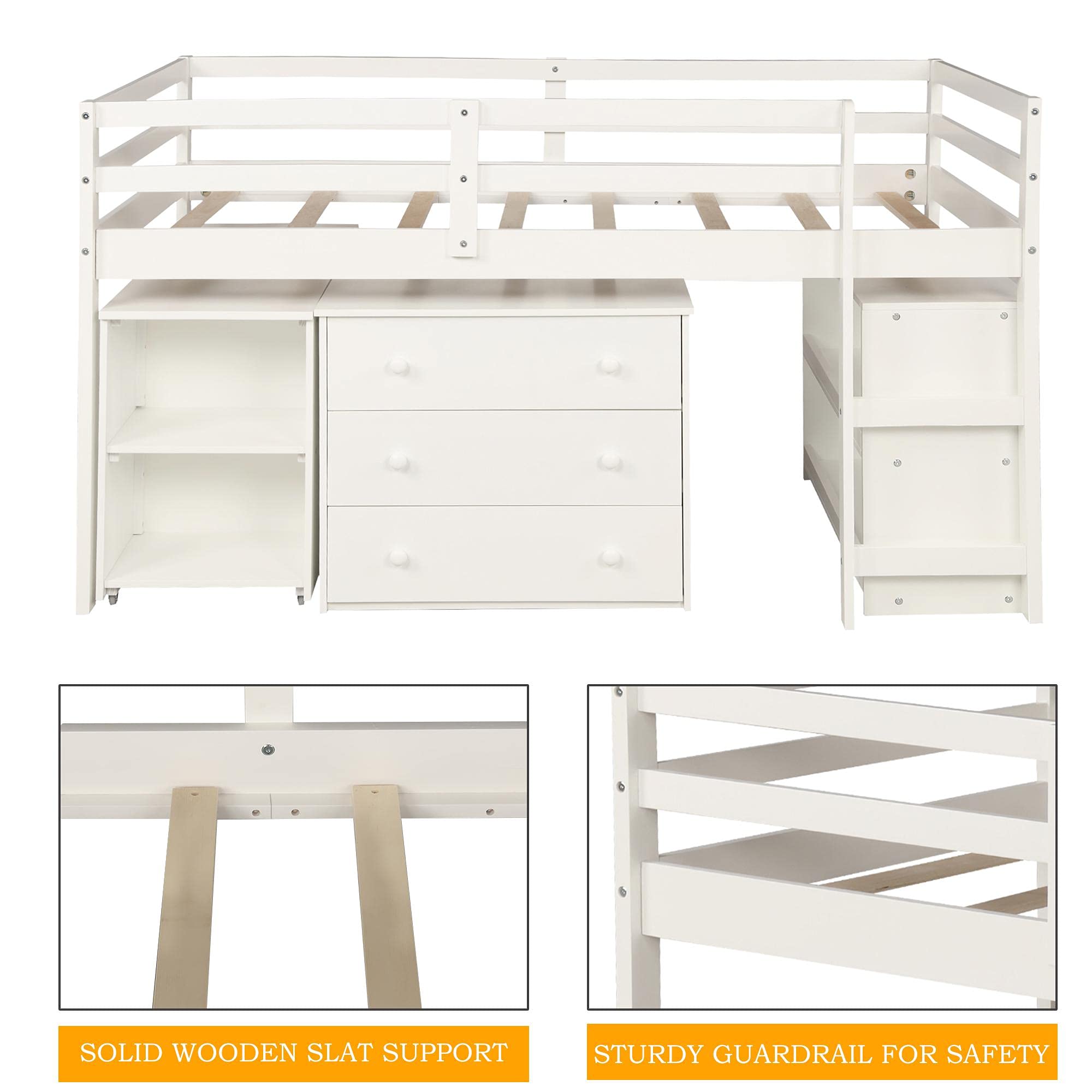 JINS&VICO Twin Loft Bed with Storage Cabinet & Rolling Desk - Wooden Study Loft Bed Frame with Shelves for Teens, Boys & Girls - No Box Spring Needed - White (78.4
