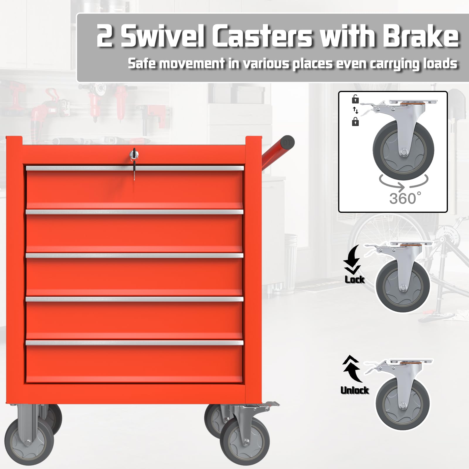 5-Drawer Rolling Tool Chest with Wheels - Heavy Duty Metal Storage Cabinet with Lockable Drawers & Liners - Perfect for Garage, Workshop, and Auto Repair Shop Organization (Red)