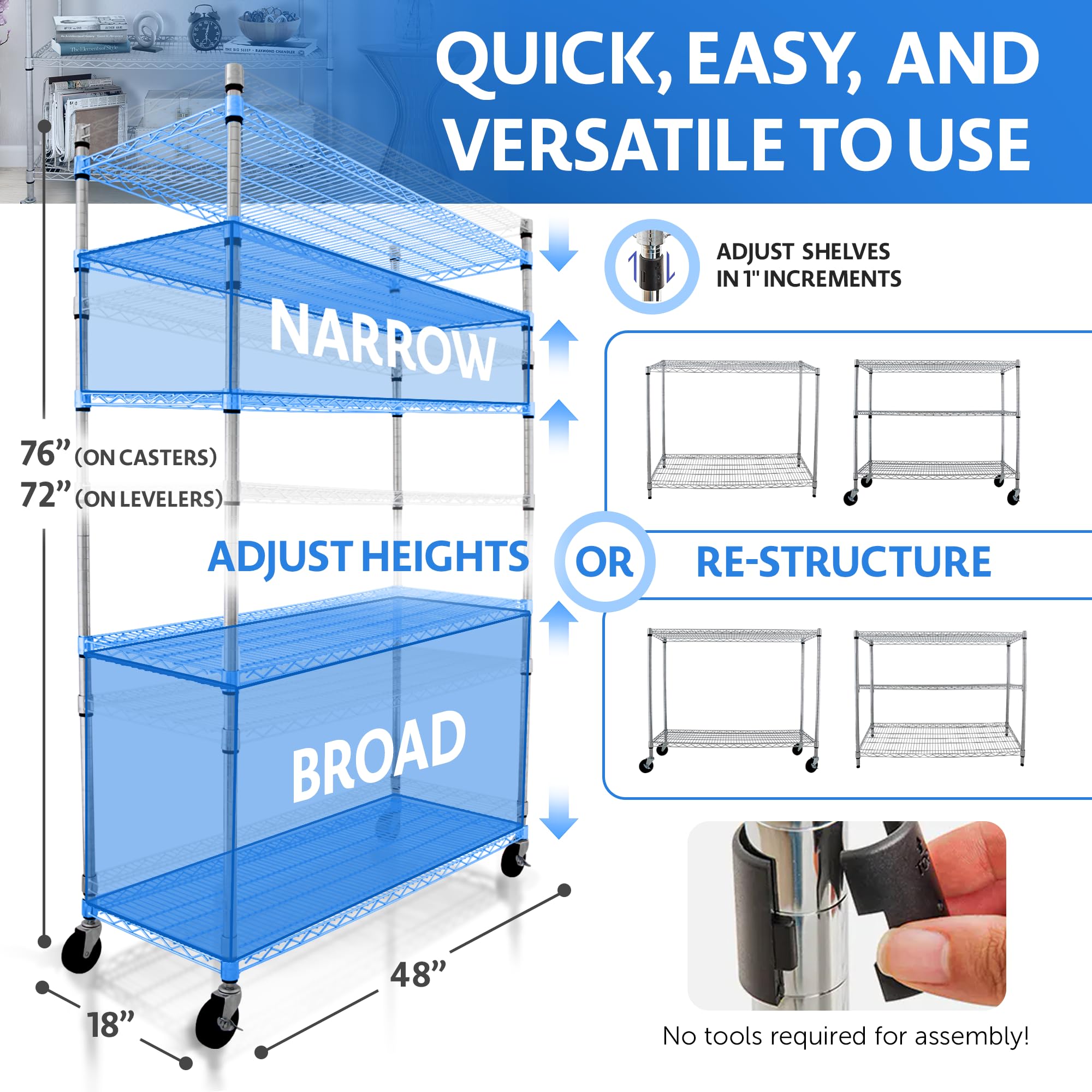 Heavy Duty 5-Tier Metal Shelving Rack with Wheels - 48