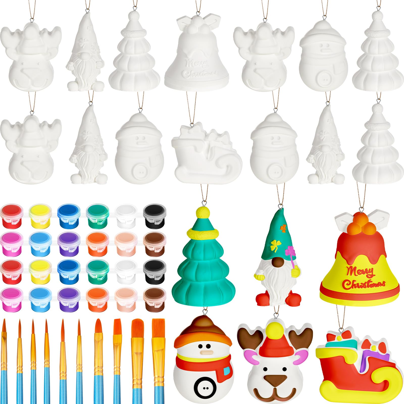 Syhood 20-Piece 3D Ready-to-Paint Ceramic Christmas Ornaments Kit - DIY Ceramic Painting Craft Set with 4 Acrylic Paints & 10 Brushes - Holiday Decorations for Adults (6 Styles) - Perfect for Christmas Tree Decor, Gift Making & Family Craft Activities