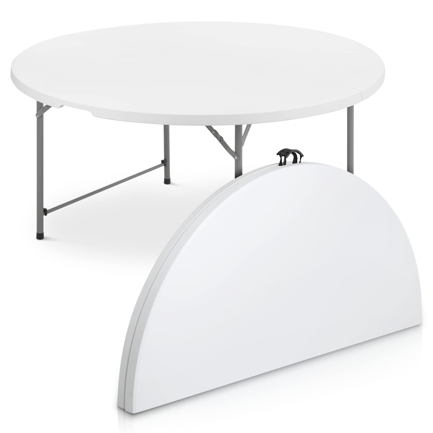 MoNiBloom 5Ft Round Folding Table - Indoor Outdoor Plastic Dining Card Table with Handle & Lock - Portable Picnic Party Banquet Wedding Table (White Top, Gray Legs) - Perfect for Backyard BBQs, Camping & Home Gatherings