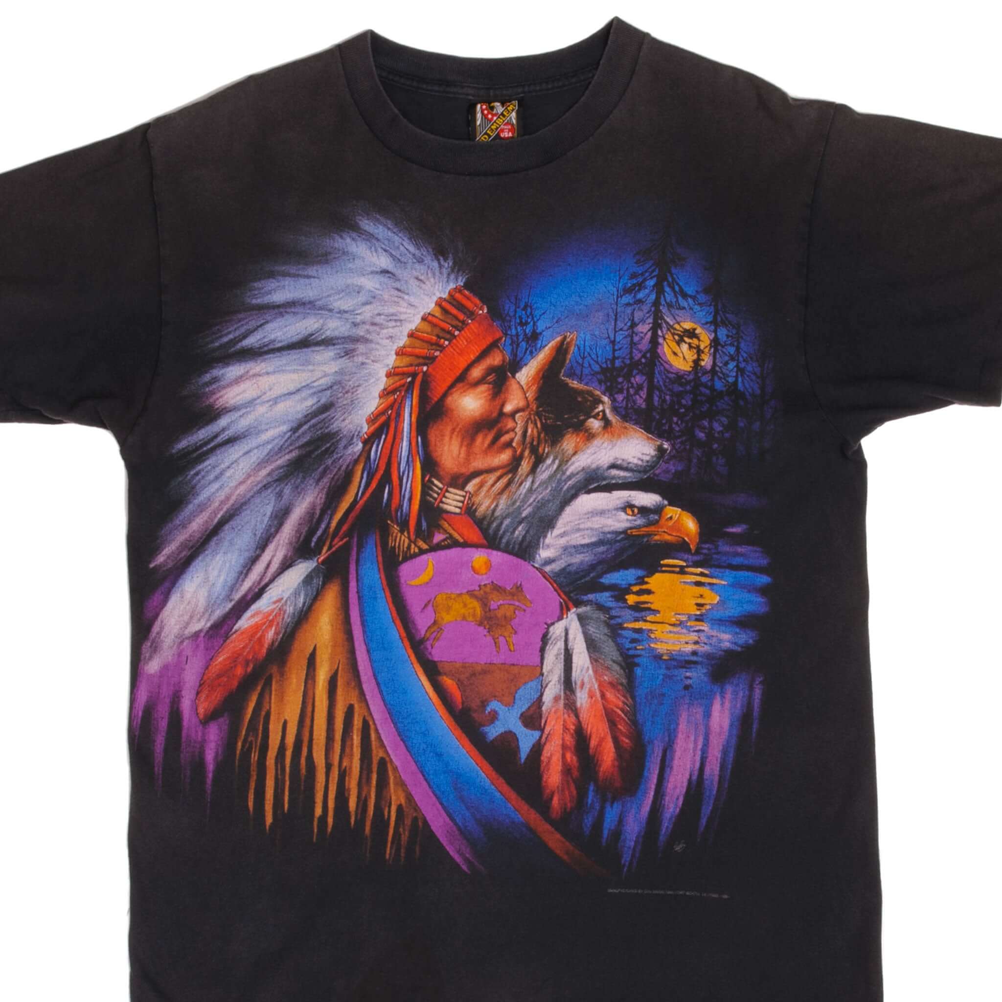 Vintage 3D Emblem Indian Chief Graphic T-Shirt 1993 - Large Size, Made in USA - Retro Streetwear for Casual Outfits & Music Festivals
